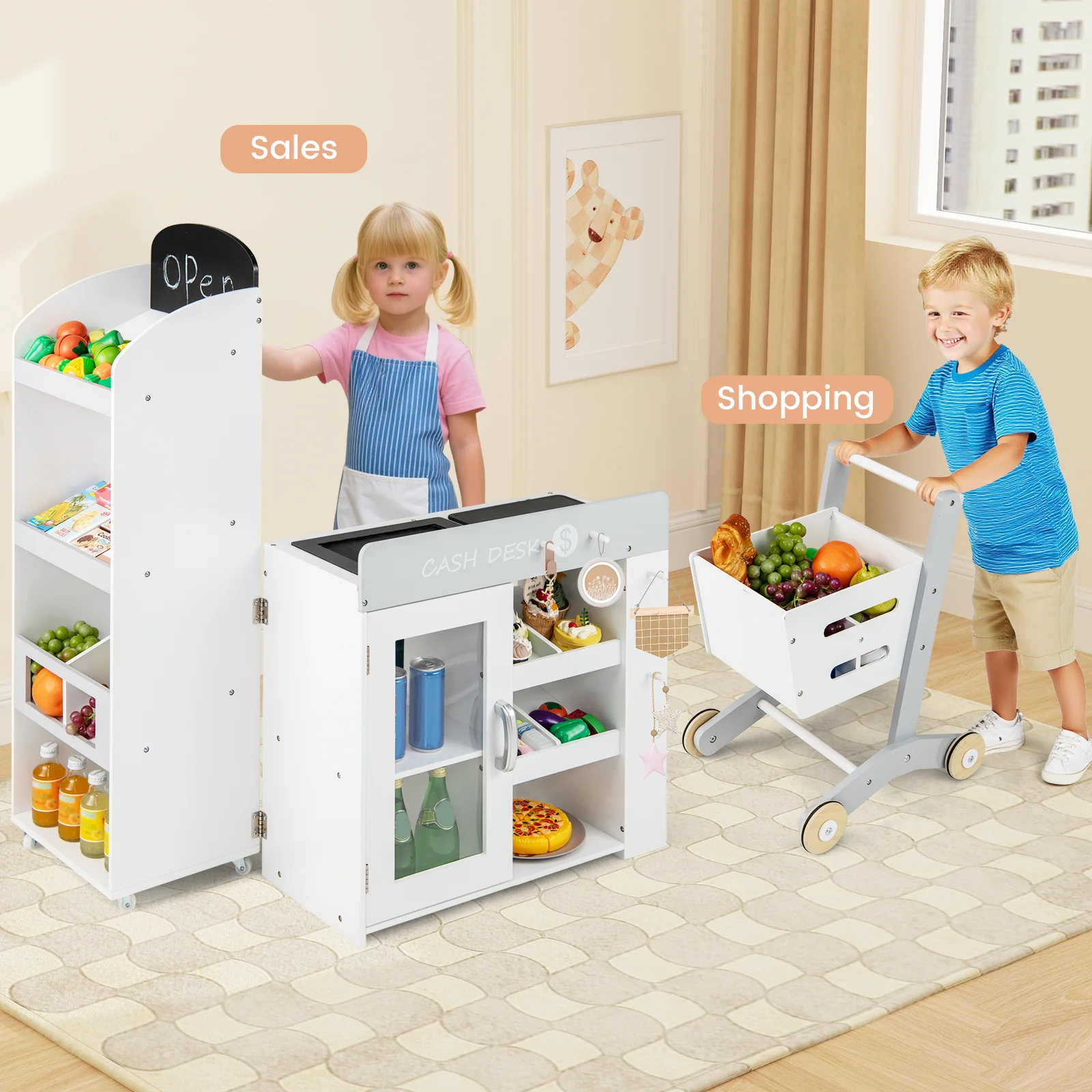 Kids Grocery Store Playset Convertible Wooden Play Store with Shopping Cart-White - Image 5