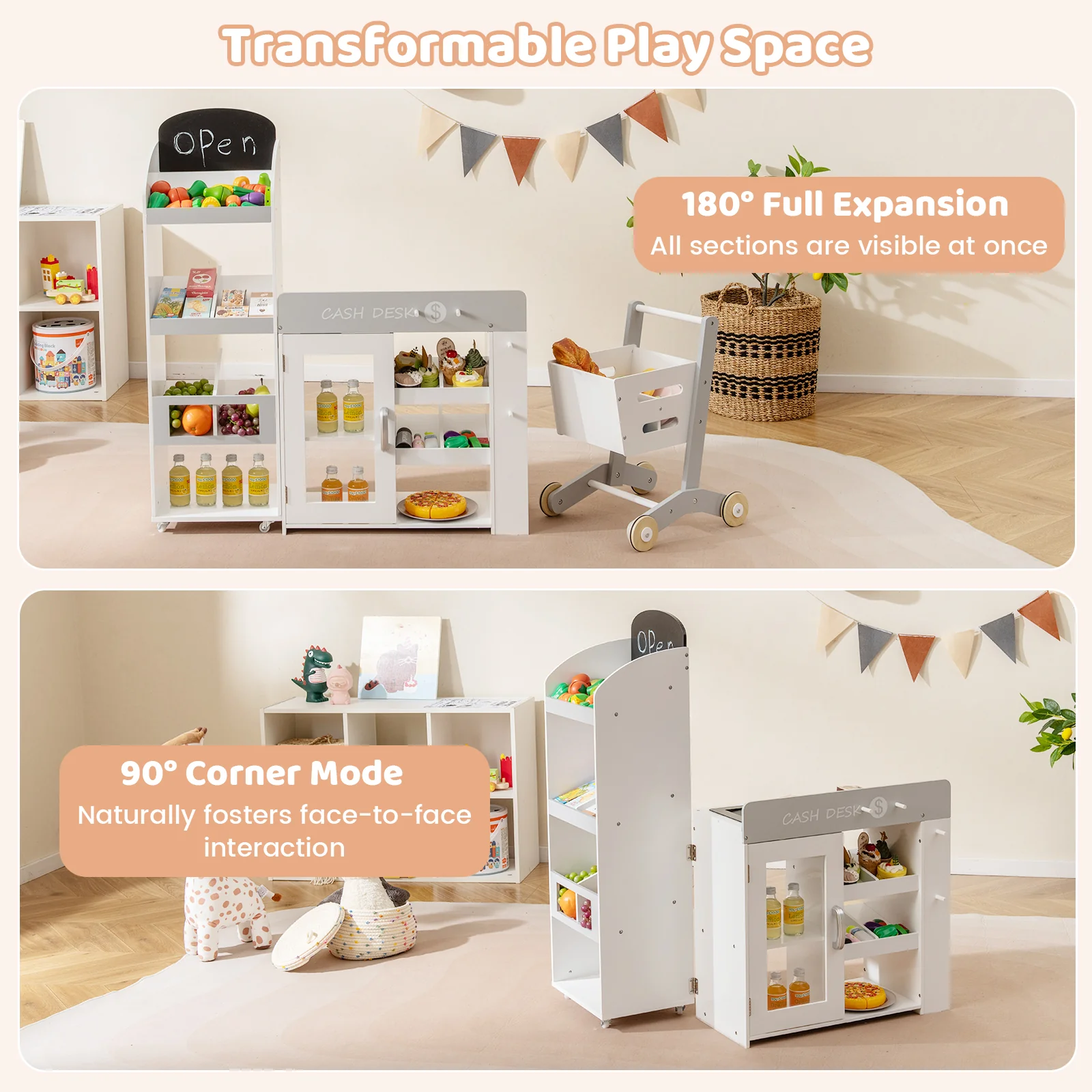 Kids Grocery Store Playset Convertible Wooden Play Store with Shopping Cart-White - Image 6