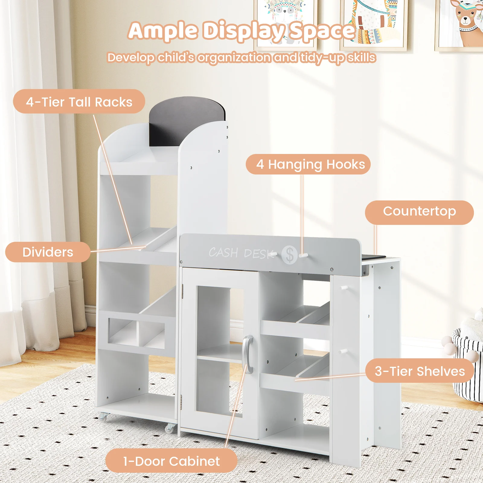 Kids Grocery Store Playset Convertible Wooden Play Store with Shopping Cart-White - Image 7