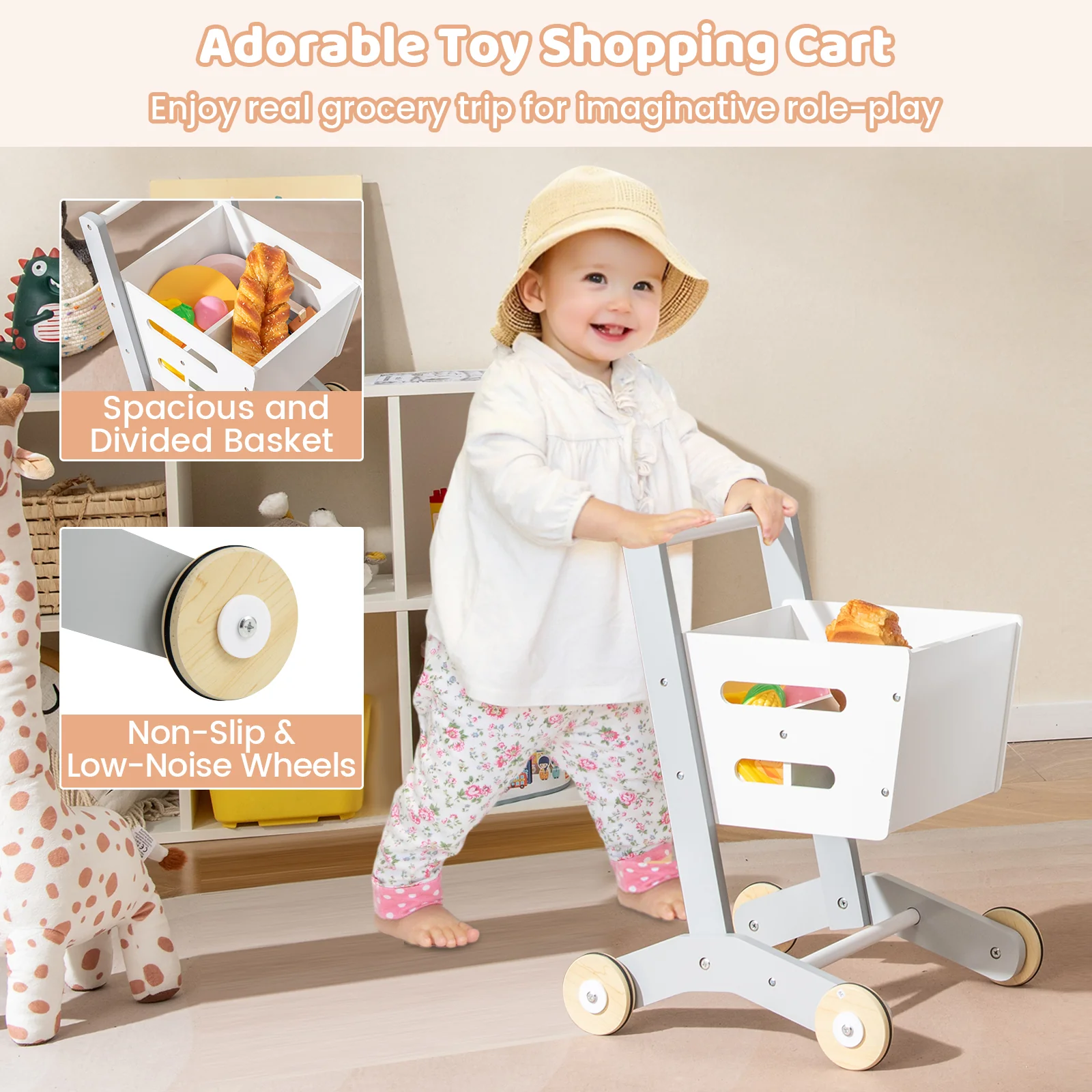 Kids Grocery Store Playset Convertible Wooden Play Store with Shopping Cart-White - Image 8
