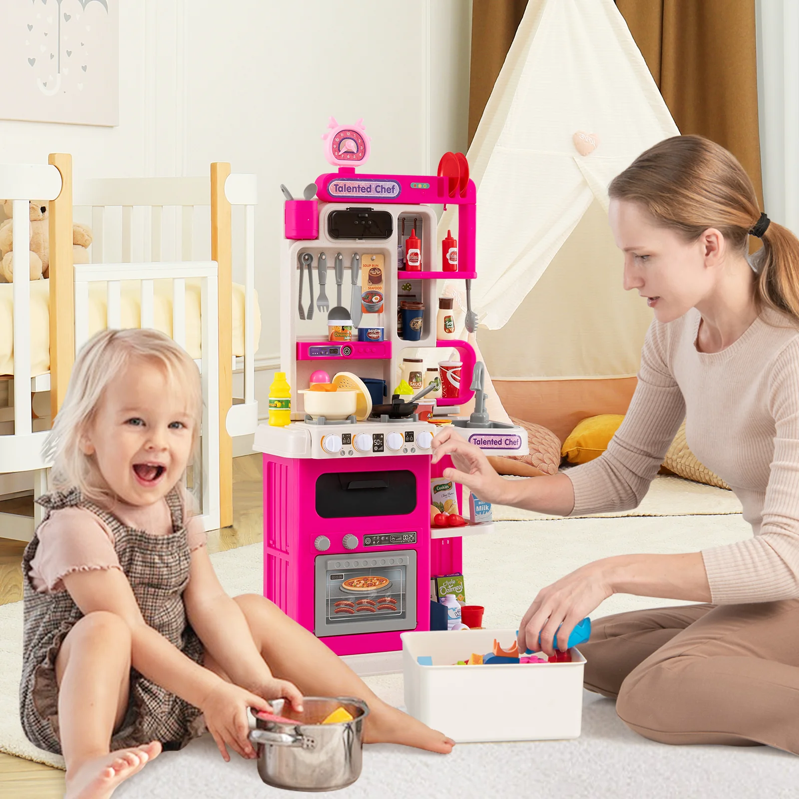 Kids Kitchen Playset Pretend Play Kitchen with Realistic Sounds and Lights - Image 10