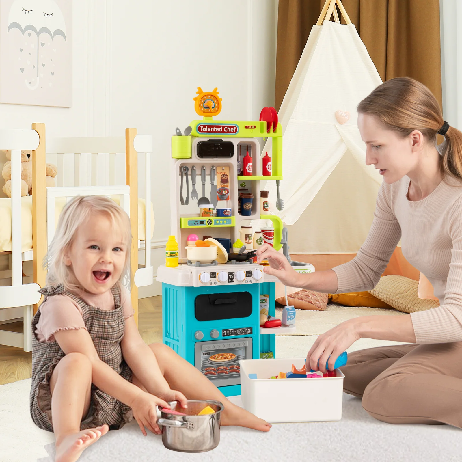 Kids Kitchen Playset Pretend Play Kitchen with Realistic Sounds and Lights - Image 2