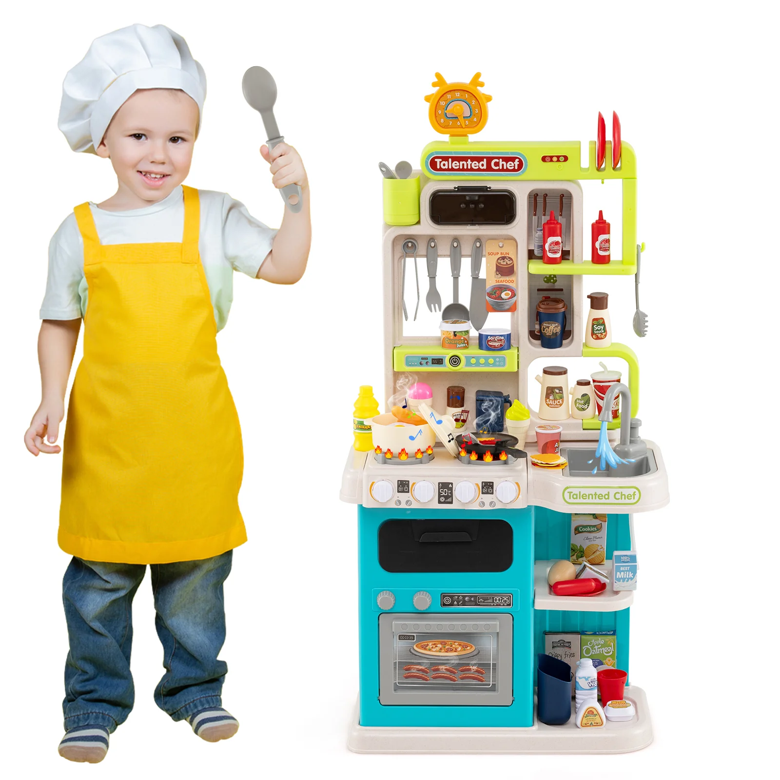 Kids Kitchen Playset Pretend Play Kitchen with Realistic Sounds and Lights - Image 3