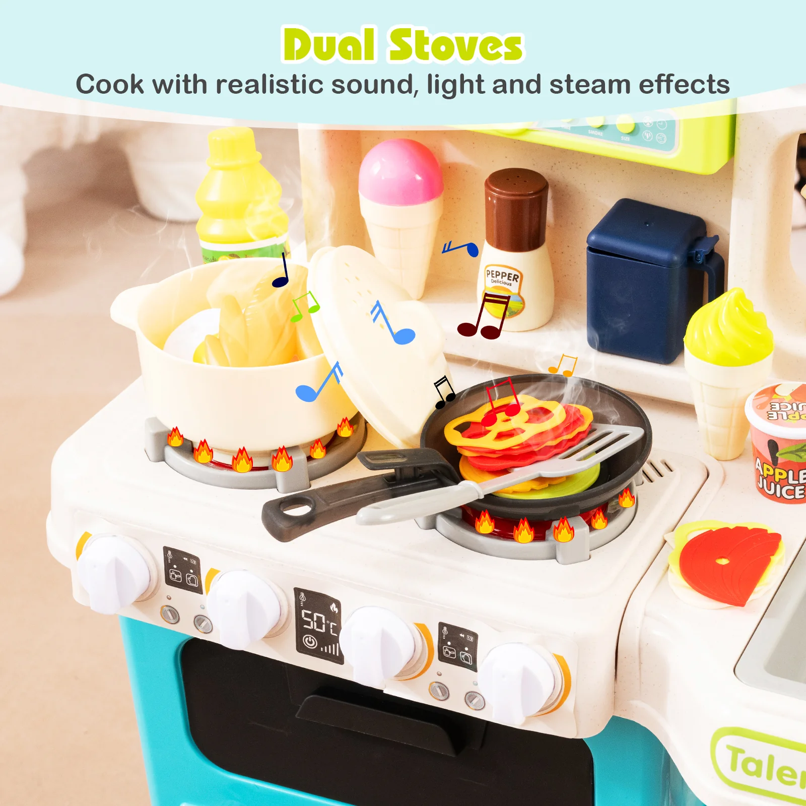 Kids Kitchen Playset Pretend Play Kitchen with Realistic Sounds and Lights - Image 7