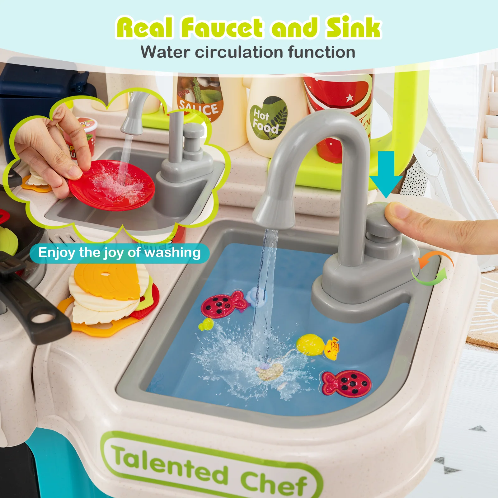 Kids Kitchen Playset Pretend Play Kitchen with Realistic Sounds and Lights - Image 8