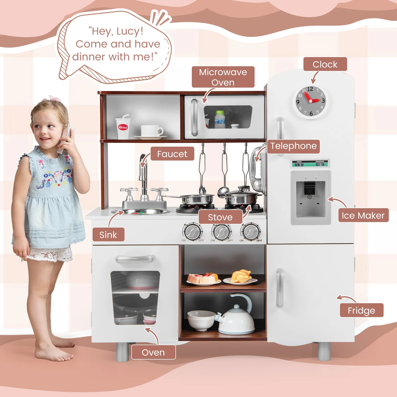 Kids Kitchen Playset with Realistic Sounds and Lights-Brown & White - Image 2