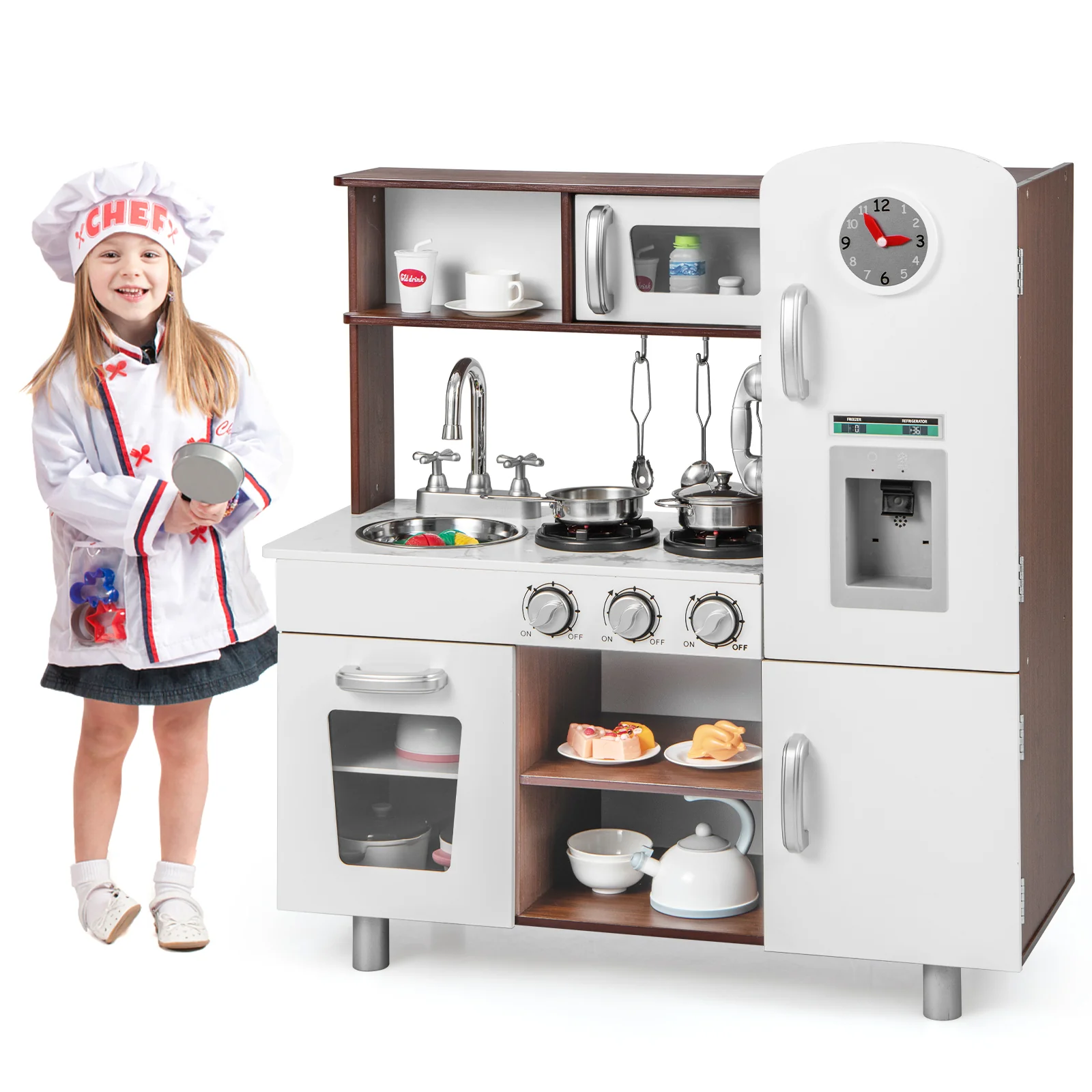 Kids Kitchen Playset with Realistic Sounds and Lights-Brown & White - Image 4