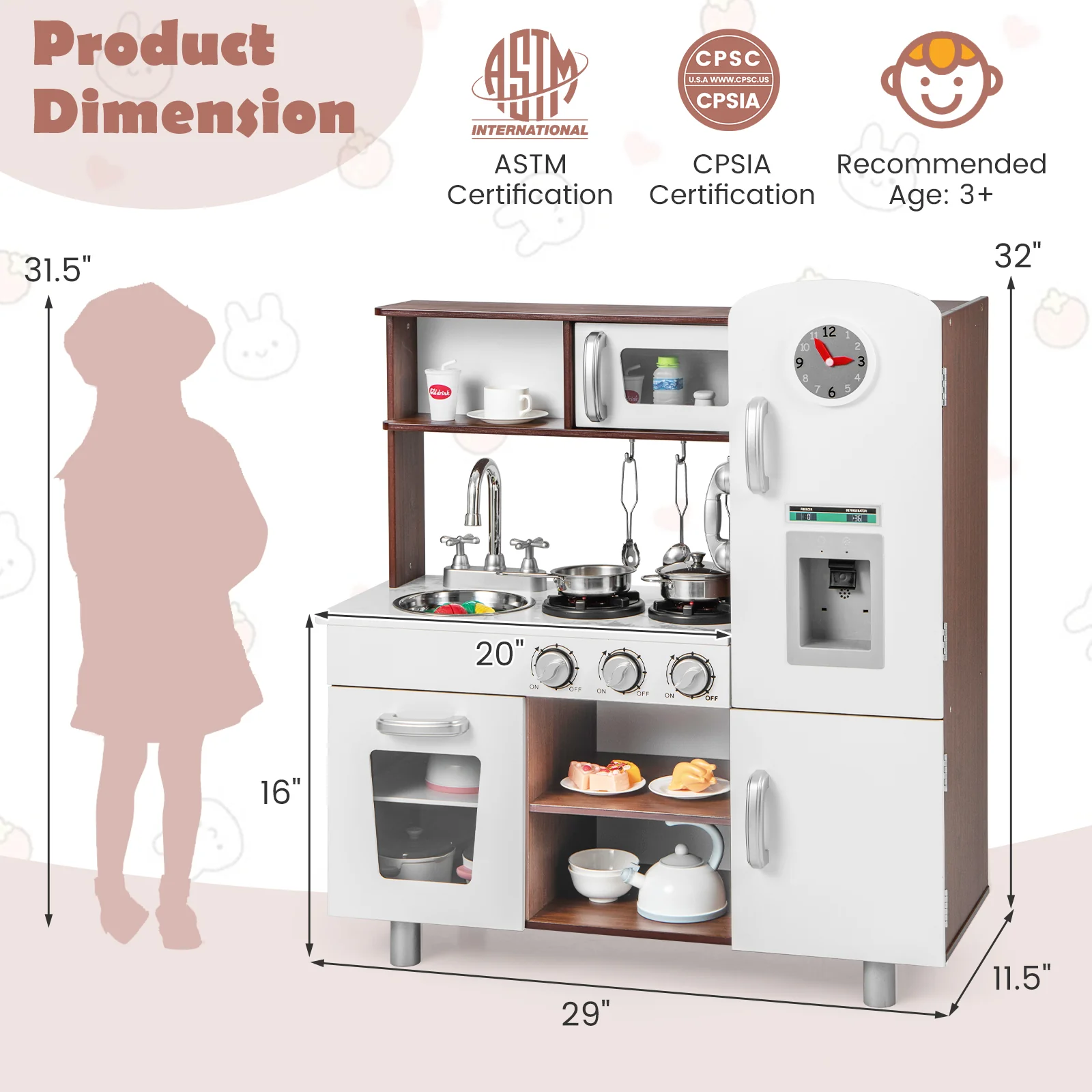 Kids Kitchen Playset with Realistic Sounds and Lights-Brown & White - Image 5