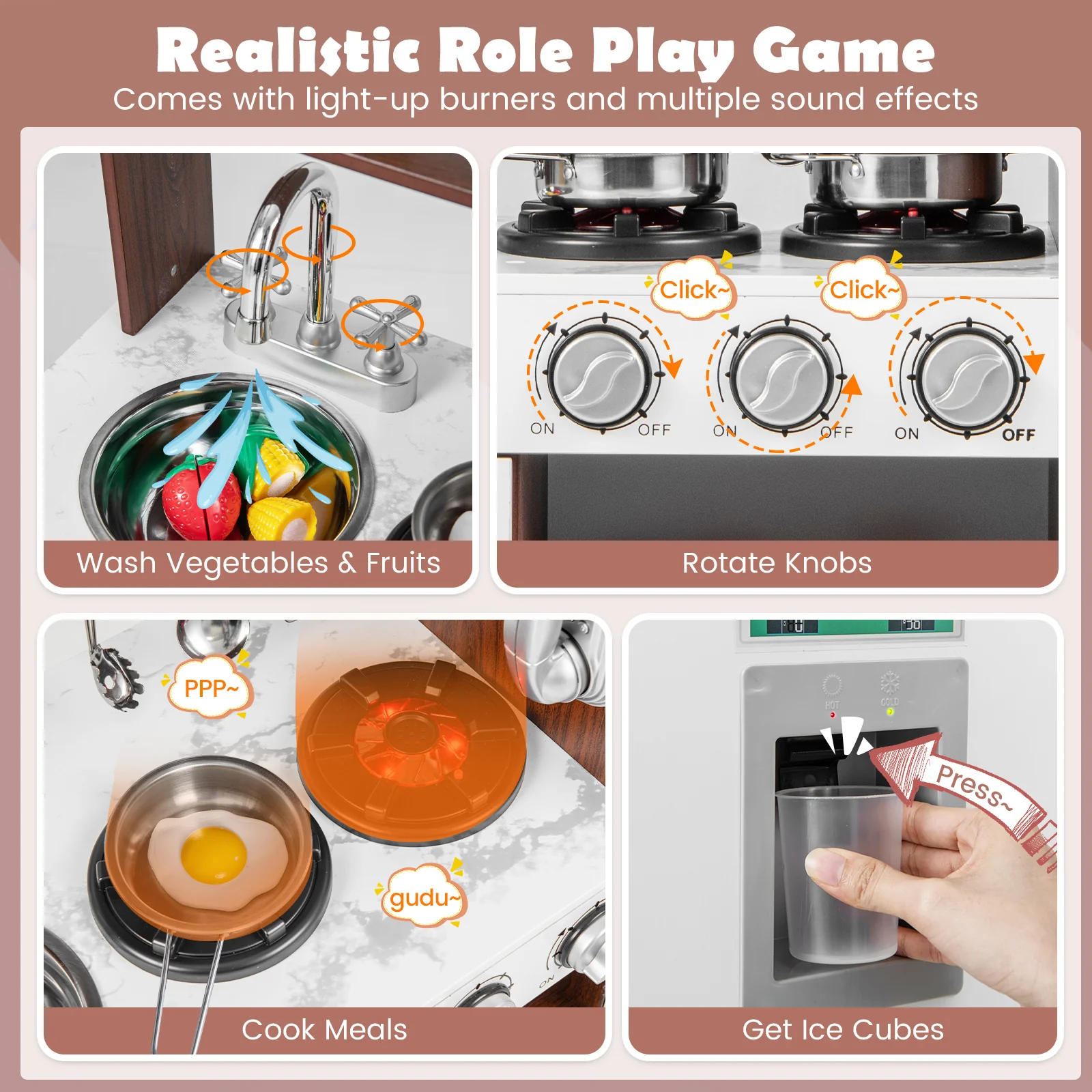 Kids Kitchen Playset with Realistic Sounds and Lights-Brown & White - Image 7