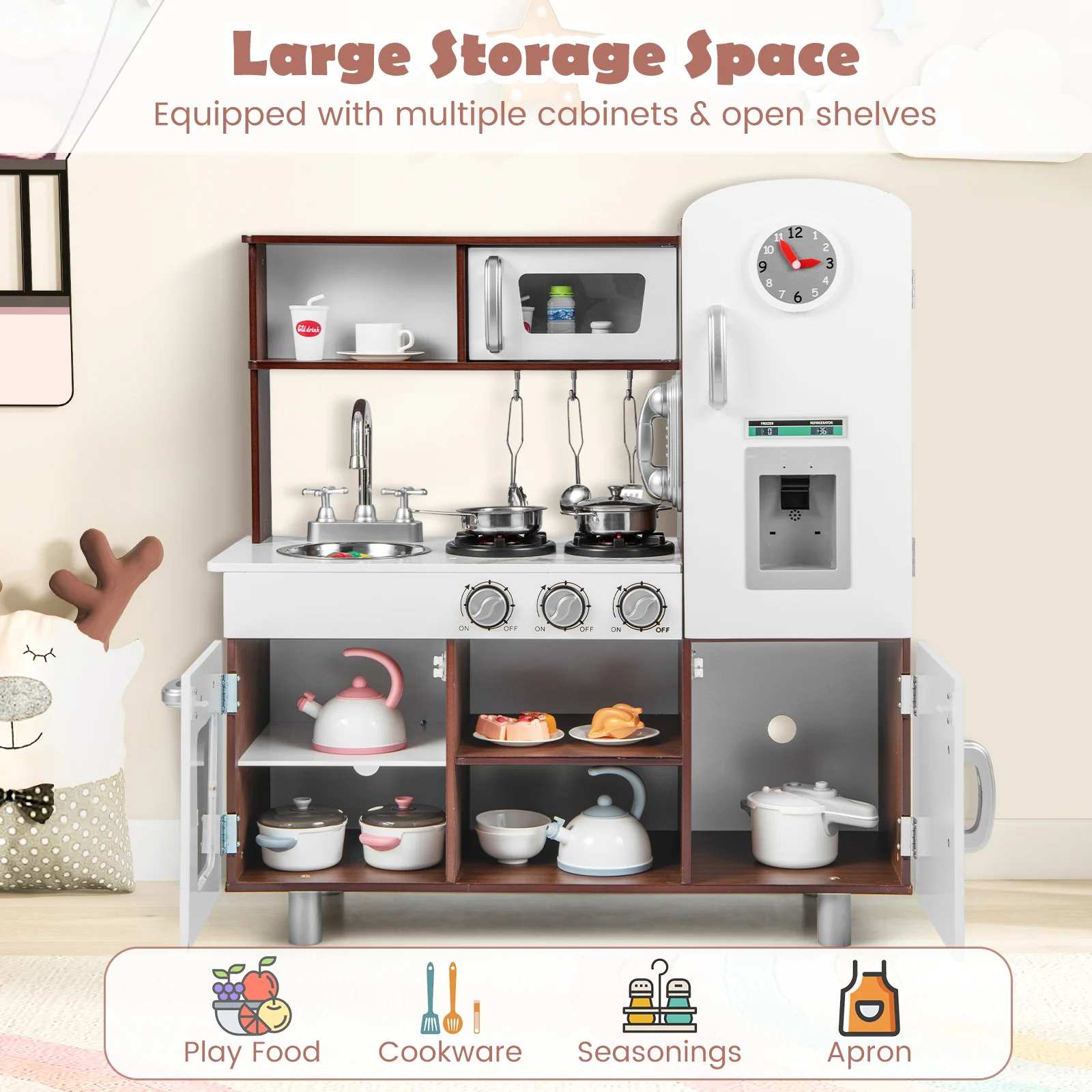 Kids Kitchen Playset with Realistic Sounds and Lights-Brown & White - Image 8