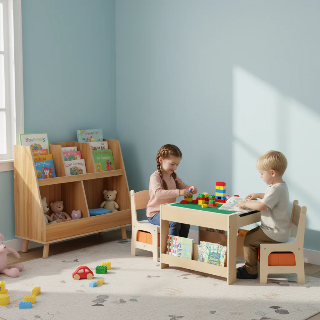 Kids Learning & Play Essentials Bundle â Bookshelf + 4-in-1 Activity Table Set + 360° Swivel Chair - Image 2