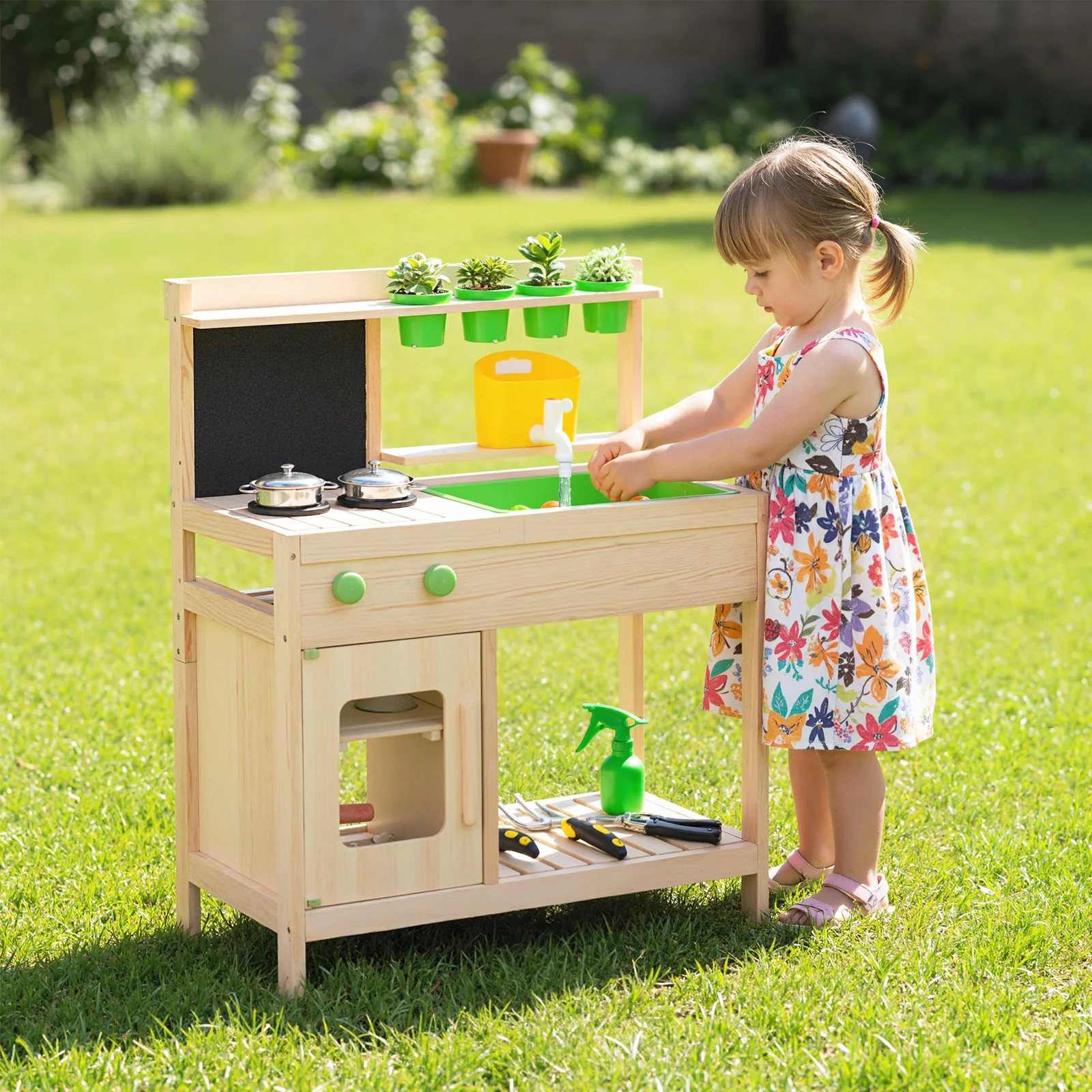 Kids Mud Kitchen Play Pretend Kitchen with Chalkboard for Kids Aged 3+ - Image 2