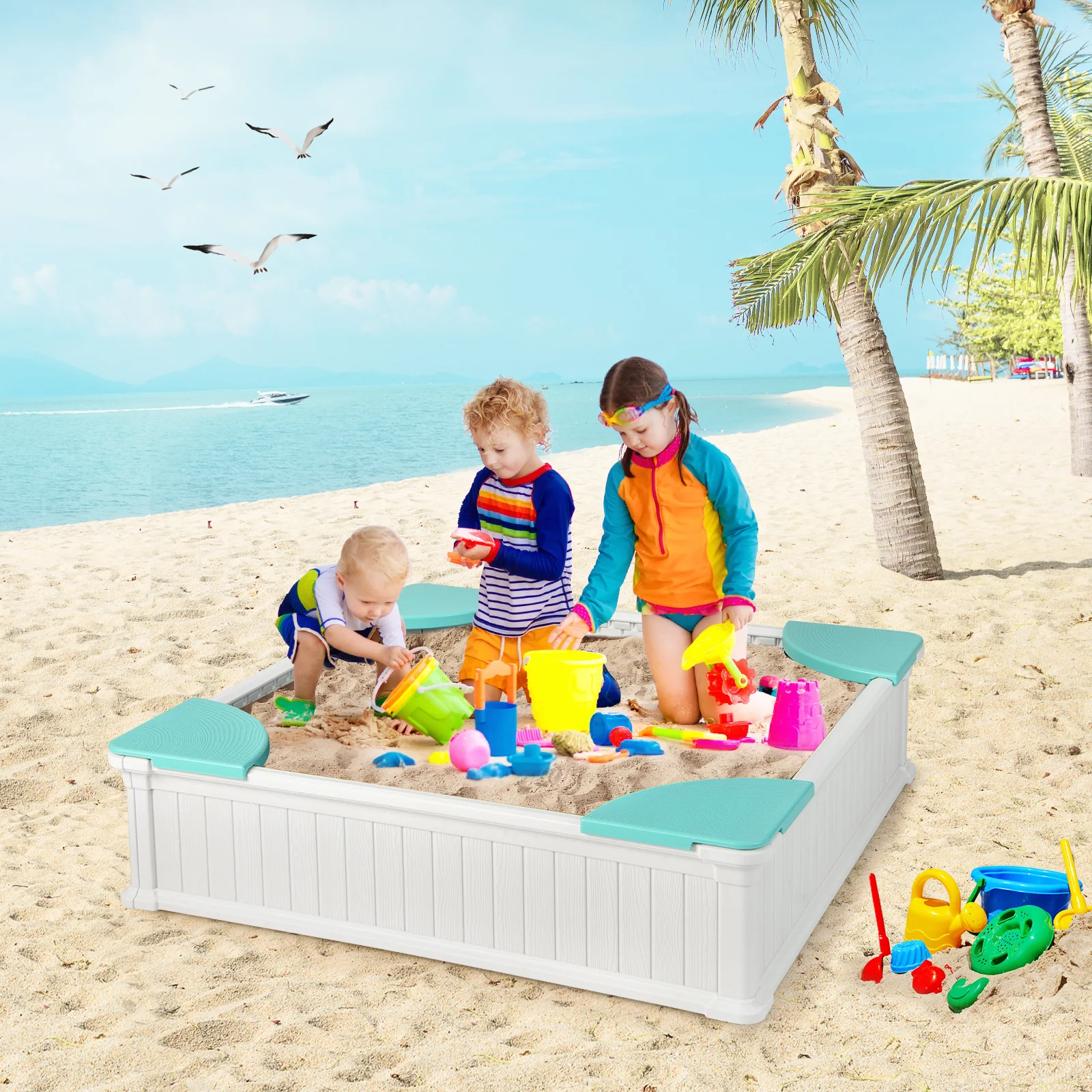Kids Outdoor Sandbox with Oxford Cover and 4 Corner Seats - Image 10