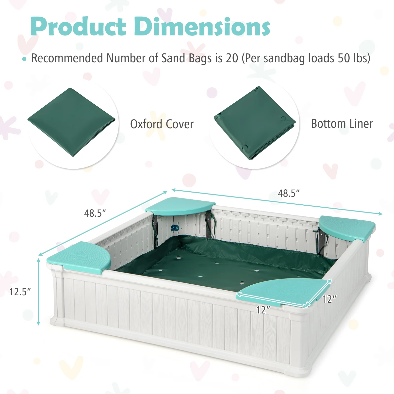 Kids Outdoor Sandbox with Oxford Cover and 4 Corner Seats - Image 12