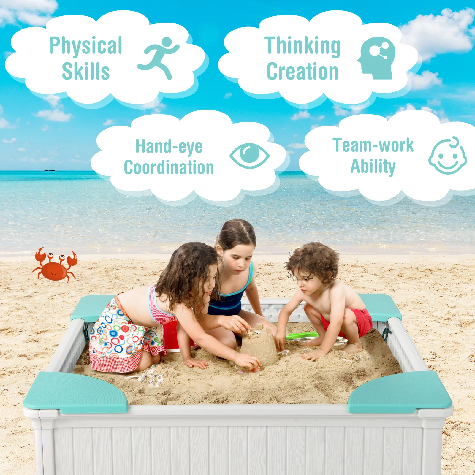 Kids Outdoor Sandbox with Oxford Cover and 4 Corner Seats - Image 14