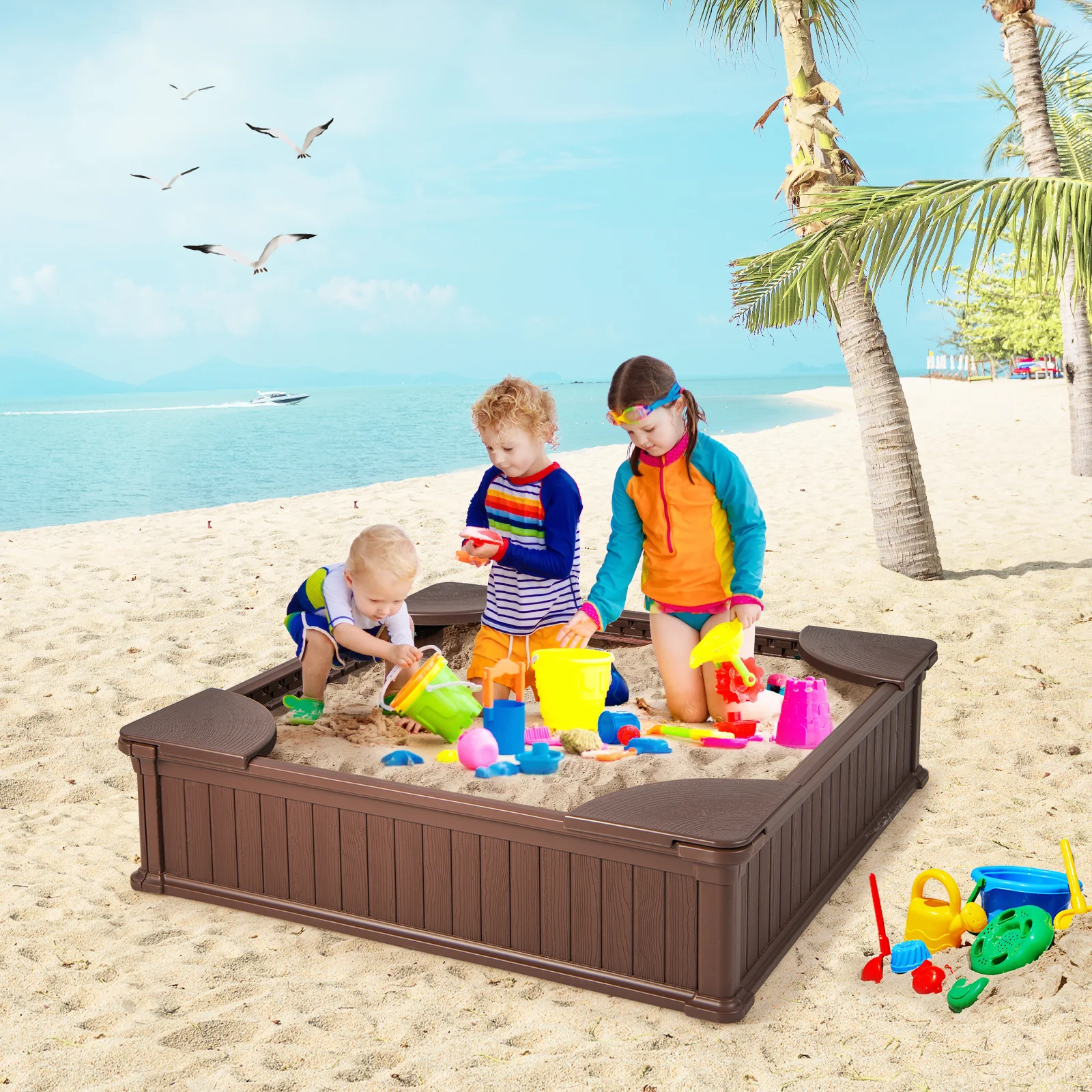 Kids Outdoor Sandbox with Oxford Cover and 4 Corner Seats - Image 2