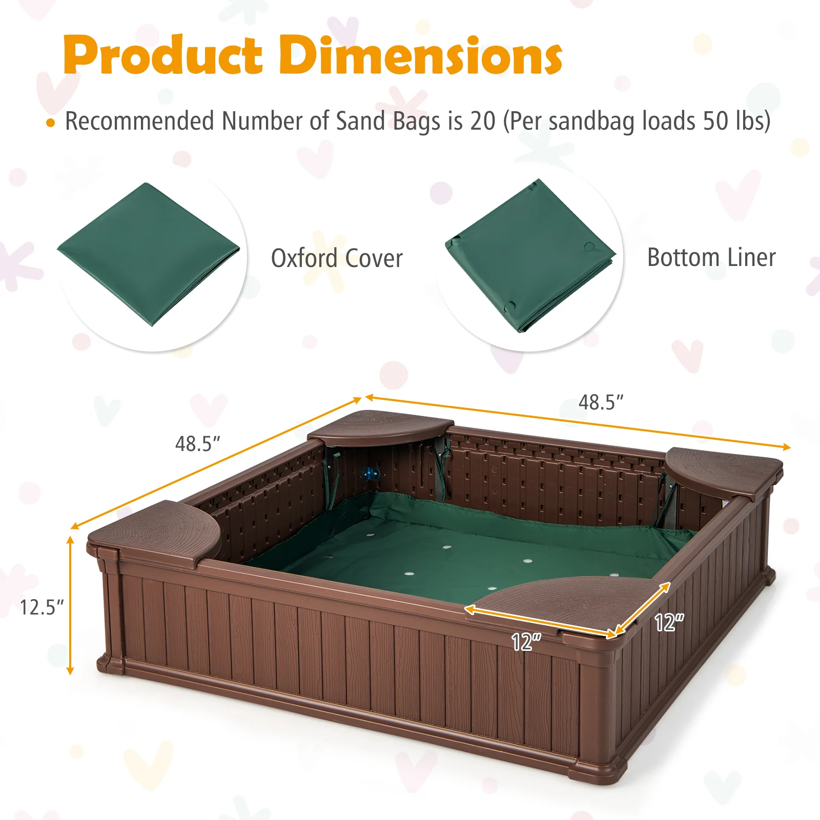Kids Outdoor Sandbox with Oxford Cover and 4 Corner Seats - Image 4