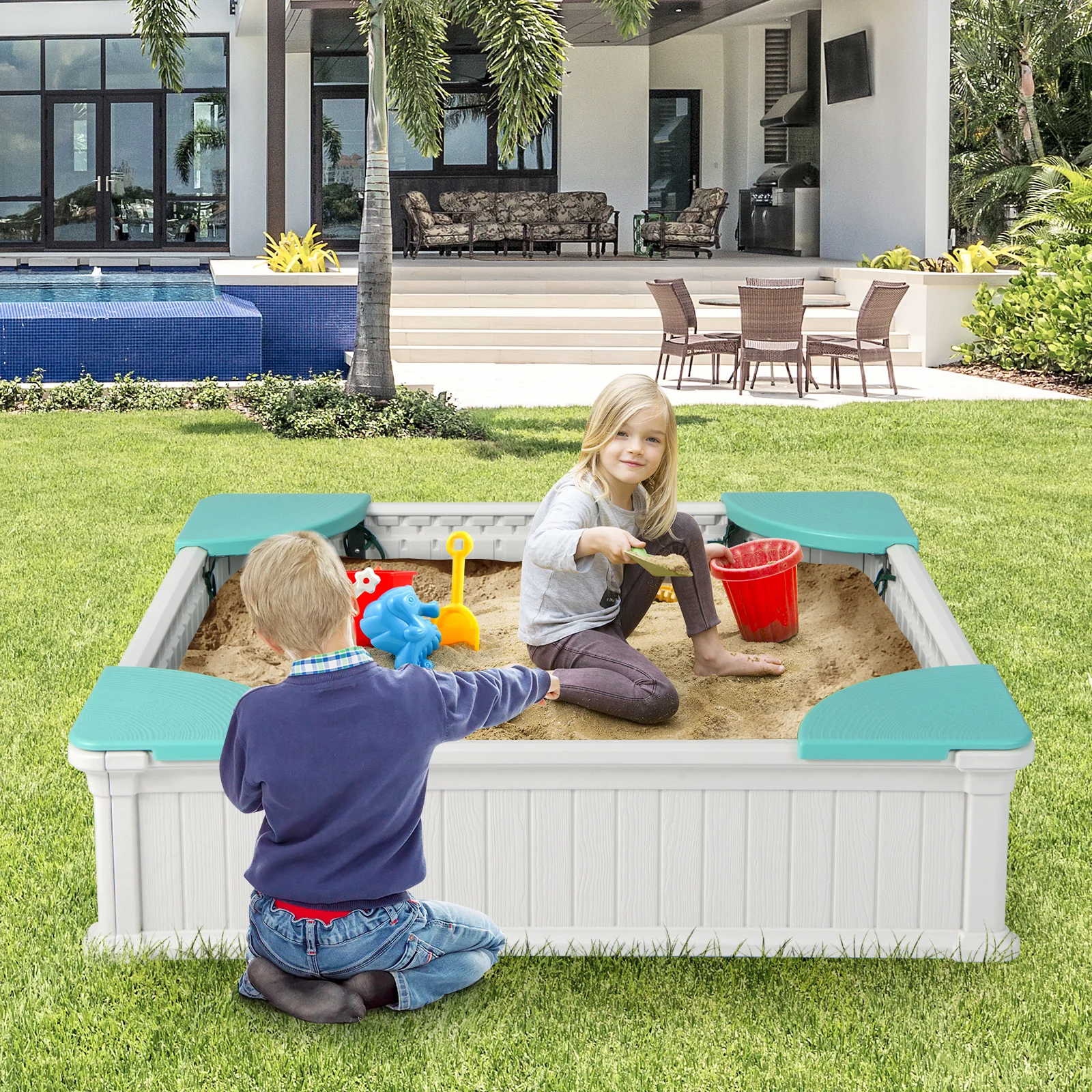 Kids Outdoor Sandbox with Oxford Cover and 4 Corner Seats - Image 9