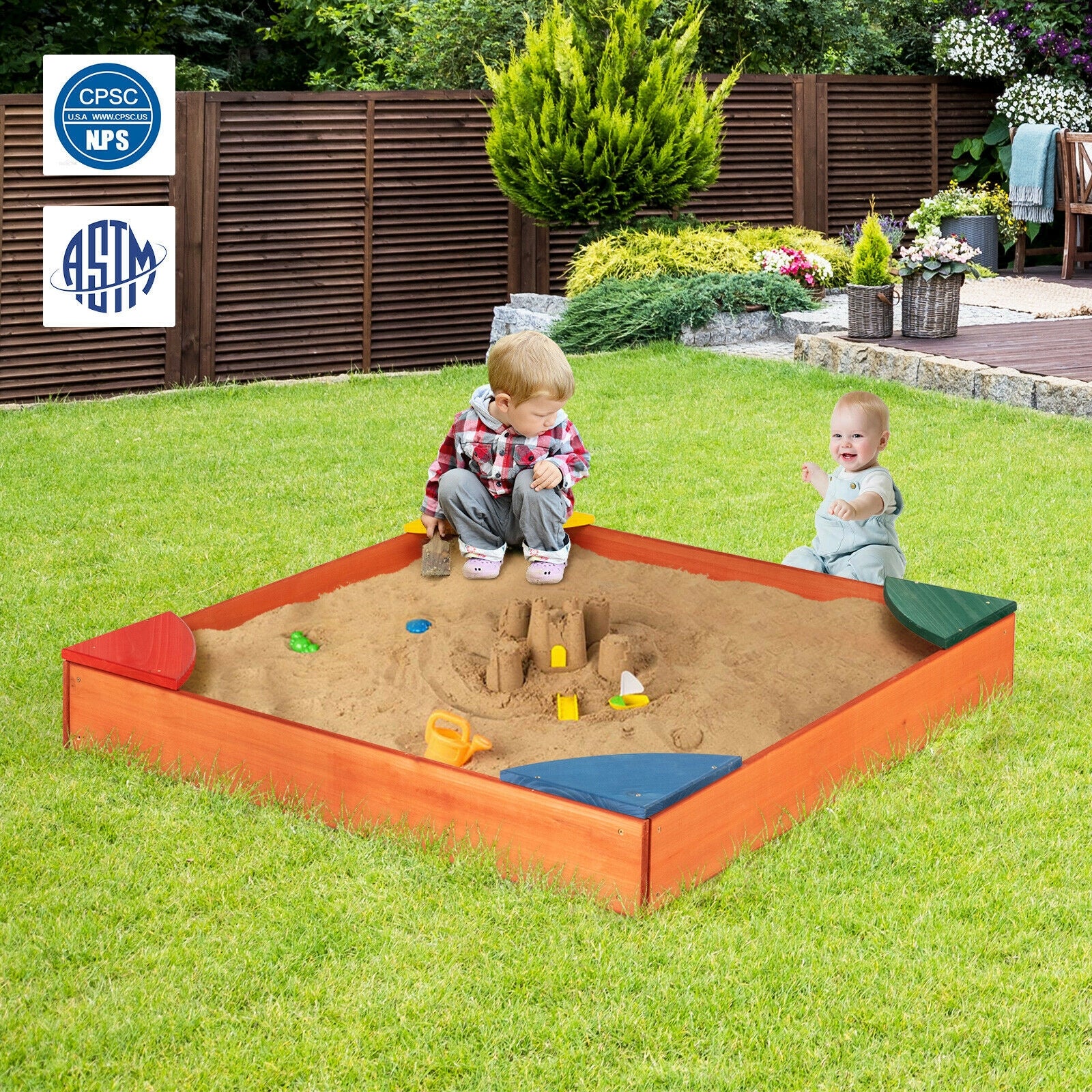 Kids Outdoor Wooden Backyard Sandbox with Built-in Corner Seating - Image 2