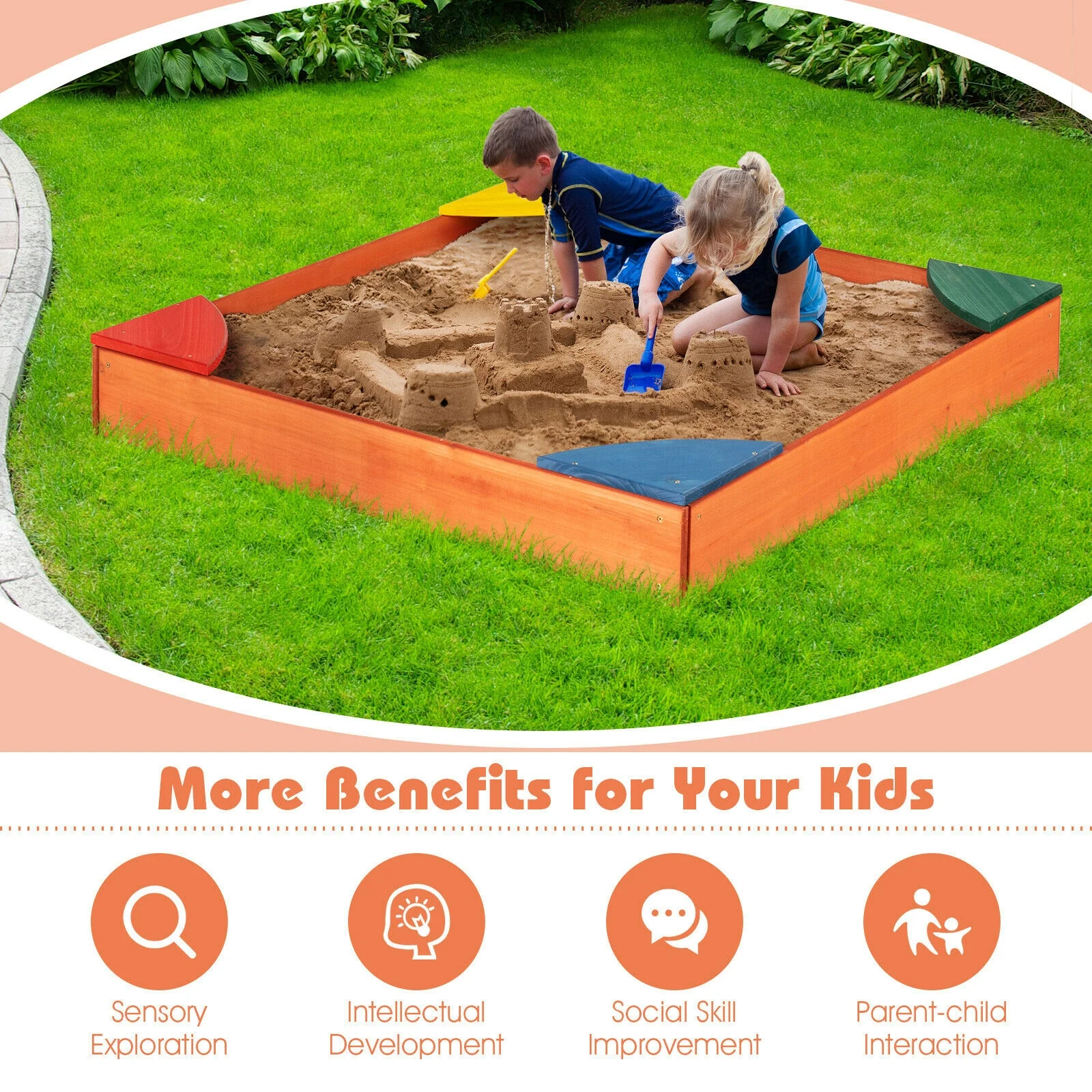 Kids Outdoor Wooden Backyard Sandbox with Built-in Corner Seating - Image 6