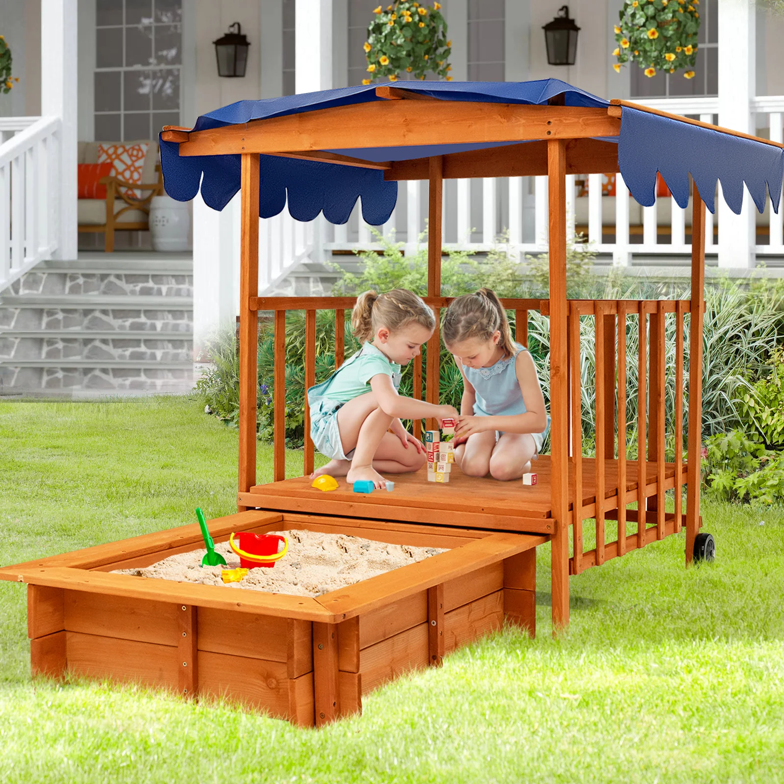 Kids Outdoor Wooden Retractable Sandbox with Cover and Built-in Wheels-Natural - Image 2