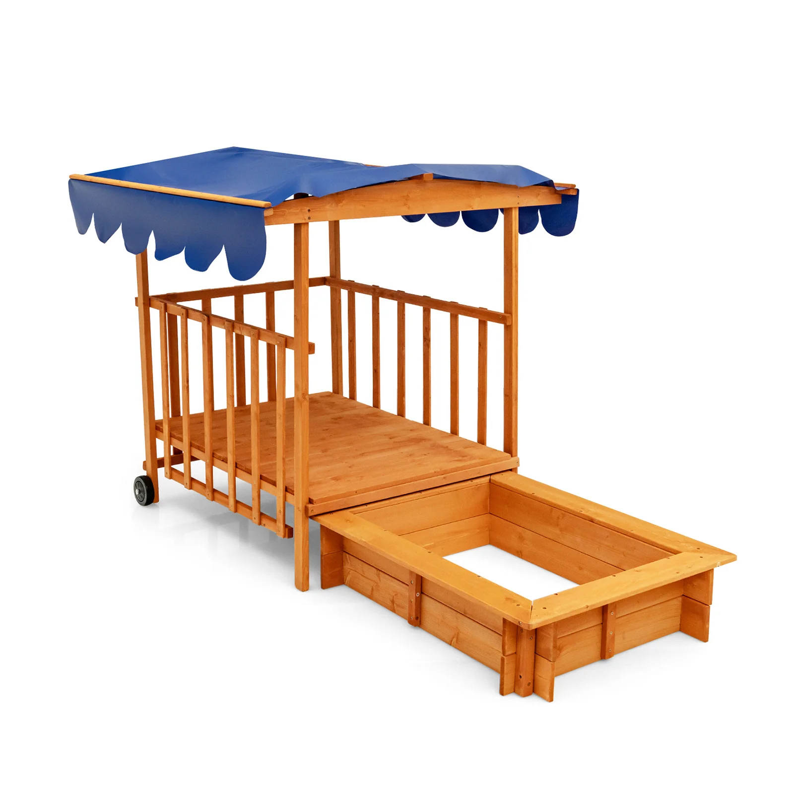 Kids Outdoor Wooden Retractable Sandbox with Cover and Built-in Wheels-Natural - Image 3