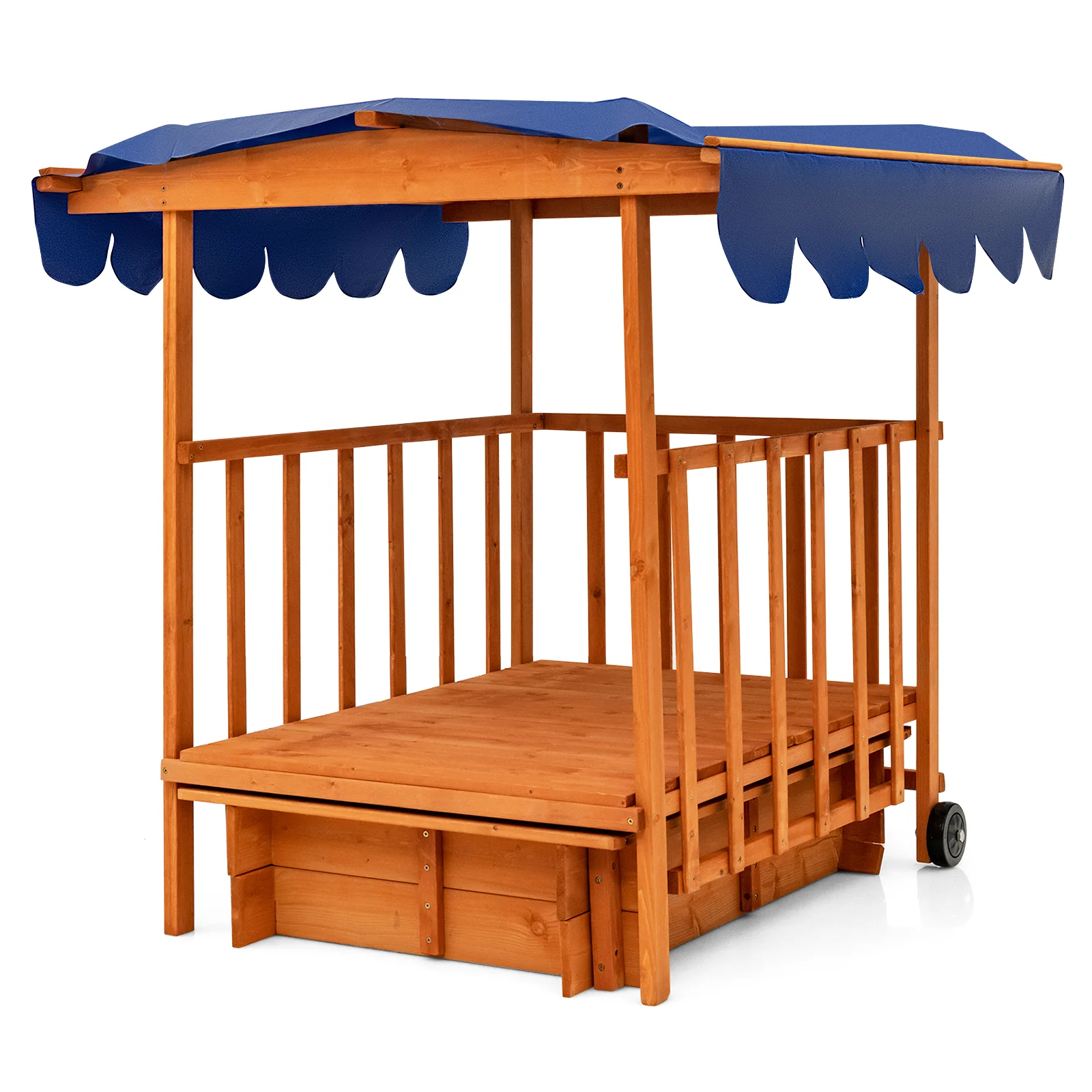 Kids Outdoor Wooden Retractable Sandbox with Cover and Built-in Wheels-Natural - Image 4