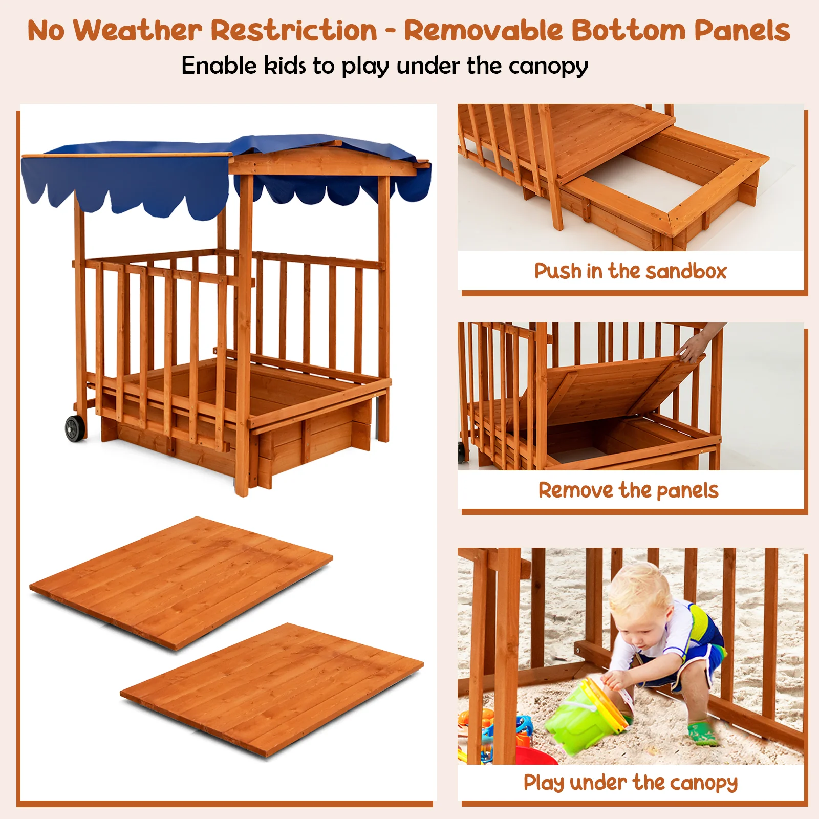 Kids Outdoor Wooden Retractable Sandbox with Cover and Built-in Wheels-Natural - Image 6