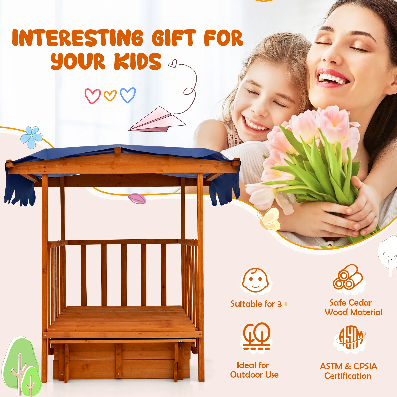 Kids Outdoor Wooden Retractable Sandbox with Cover and Built-in Wheels-Natural - Image 7