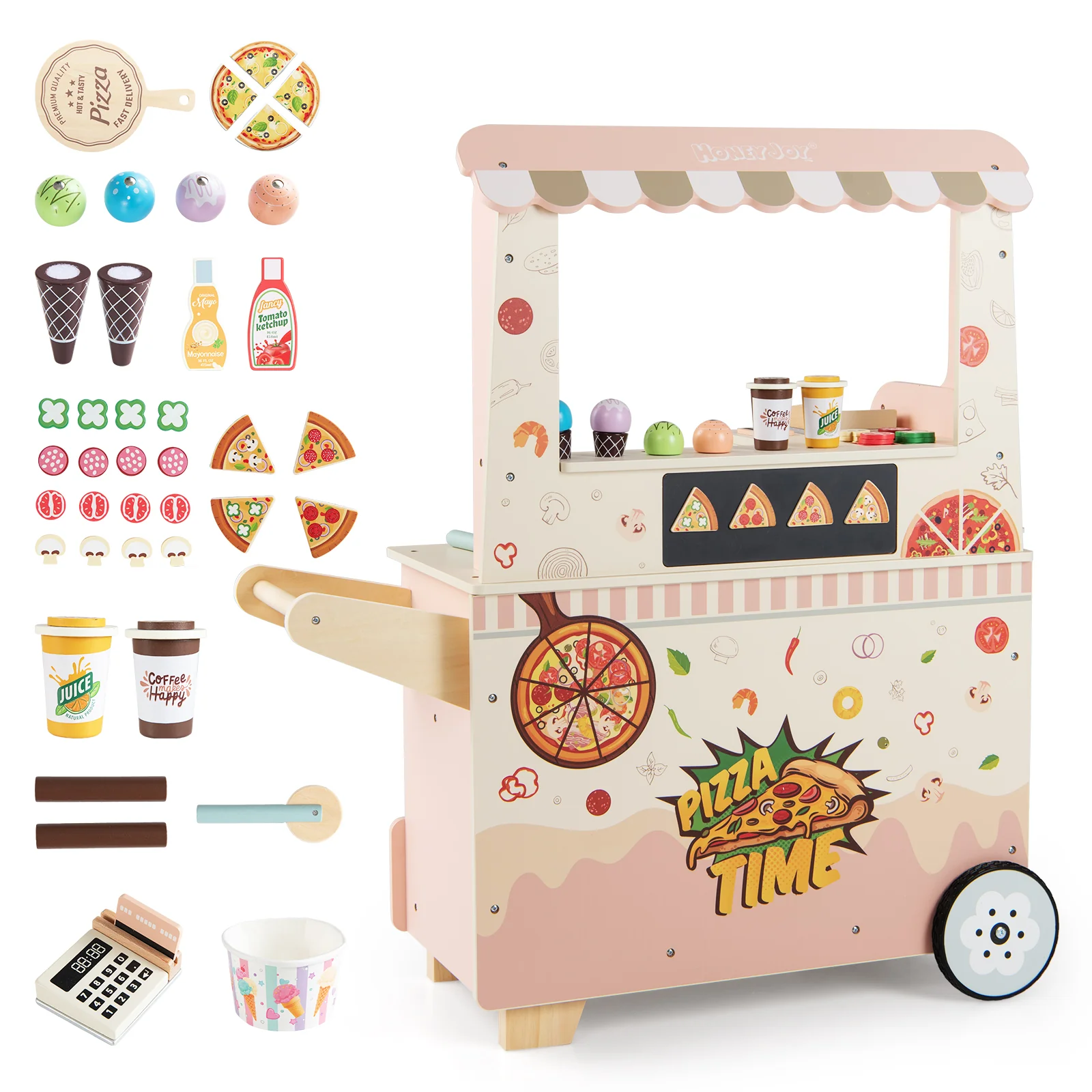 Kids Pizza Food Truck Wooden Pretend Play Snack Cart with Oven-Pink