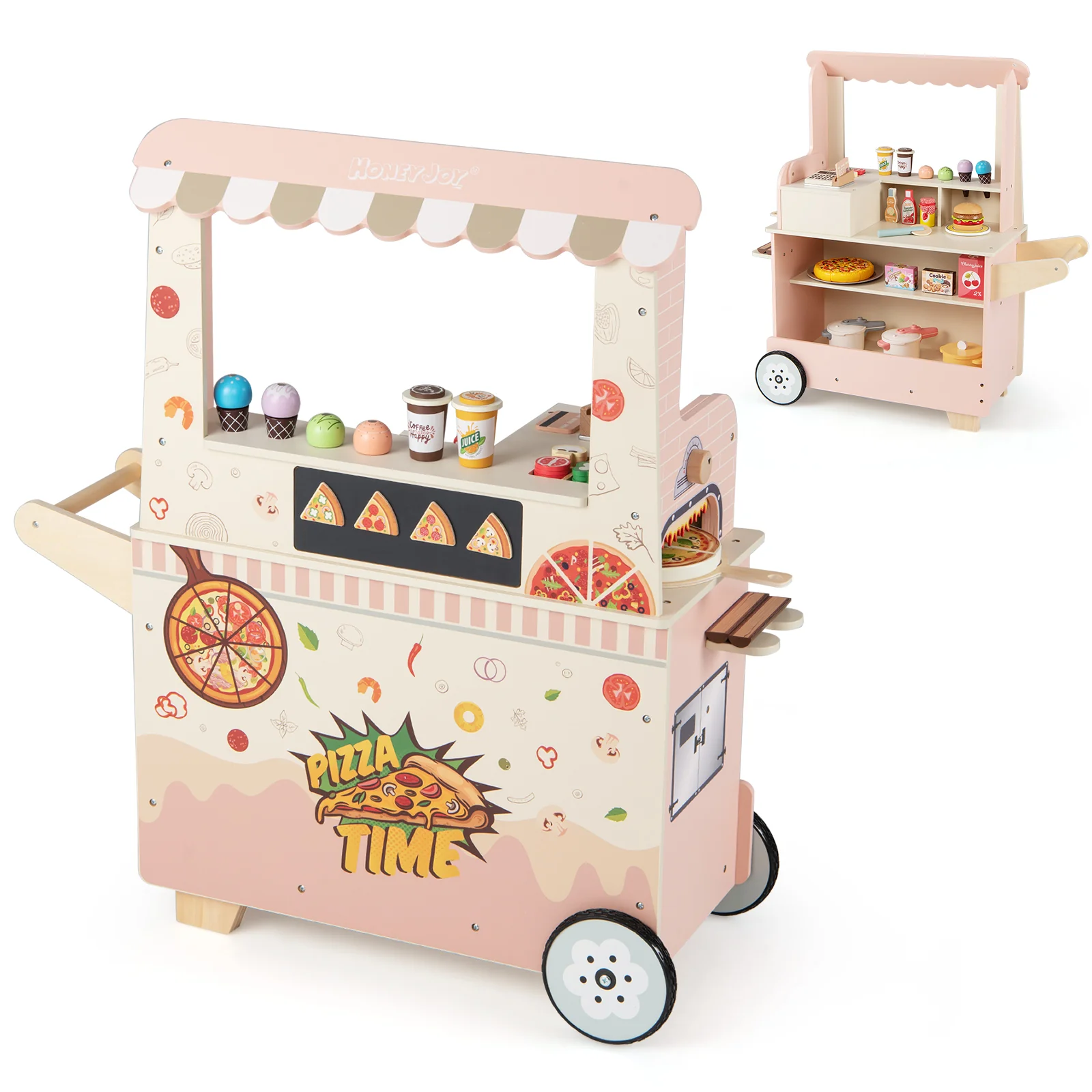 Kids Pizza Food Truck Wooden Pretend Play Snack Cart with Oven-Pink - Image 2