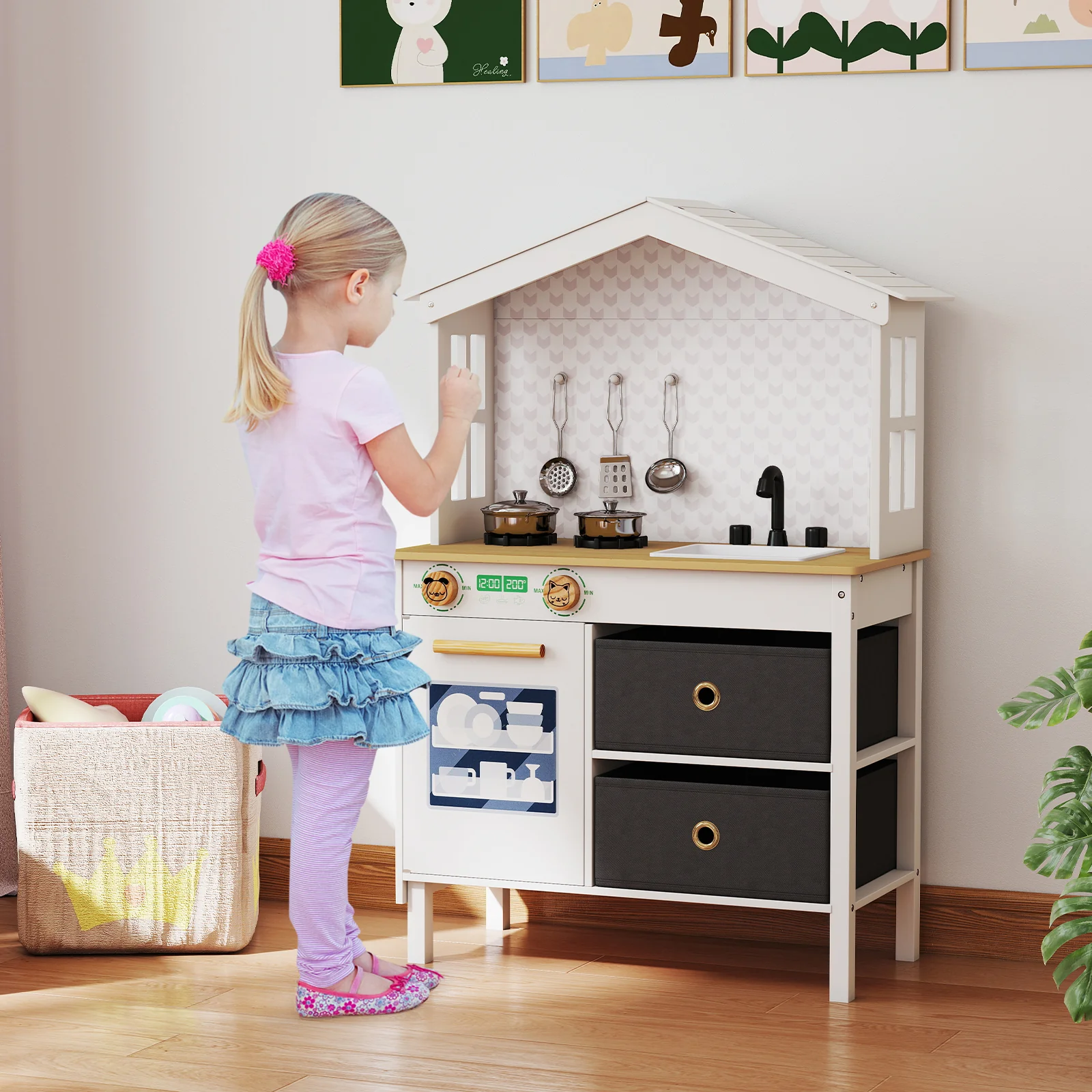 Kids Play Kitchen Children Toy Kitchen Playset with 2 Stoves and Rotation Knobs - Image 10