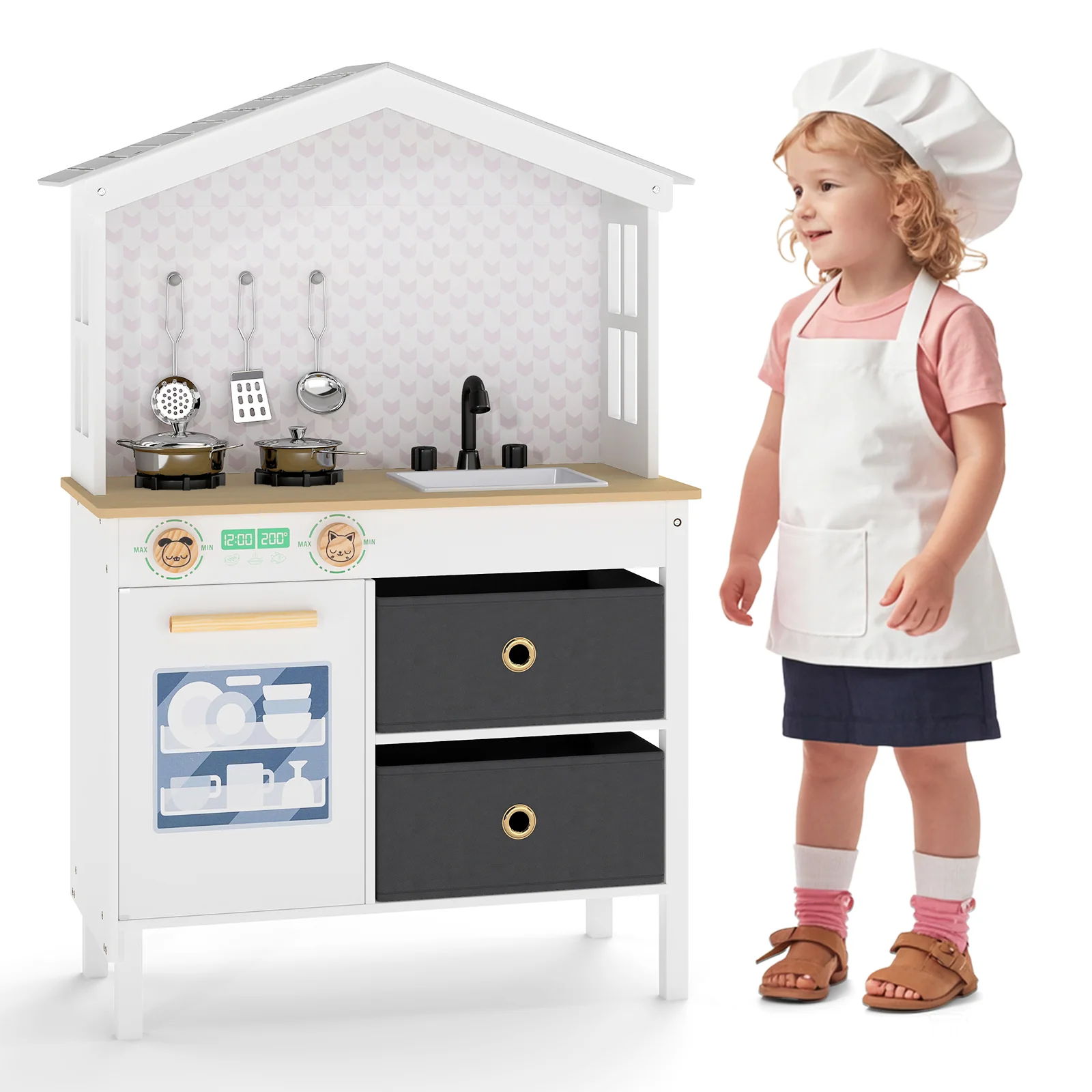 Kids Play Kitchen Children Toy Kitchen Playset with 2 Stoves and Rotation Knobs - Image 11