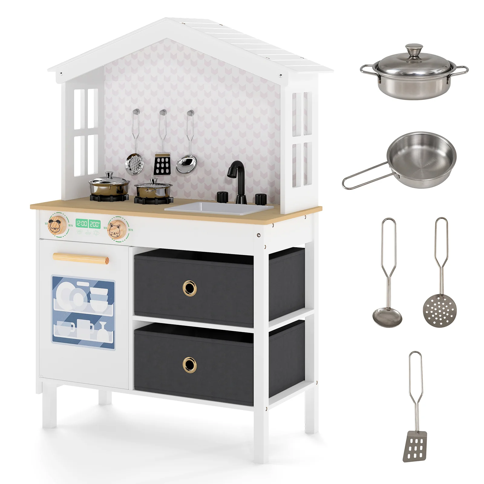Kids Play Kitchen Children Toy Kitchen Playset with 2 Stoves and Rotation Knobs - Image 12