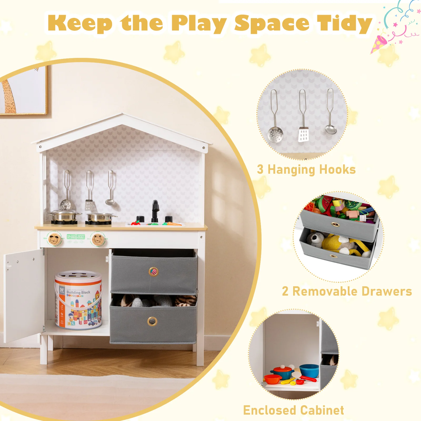 Kids Play Kitchen Children Toy Kitchen Playset with 2 Stoves and Rotation Knobs - Image 16