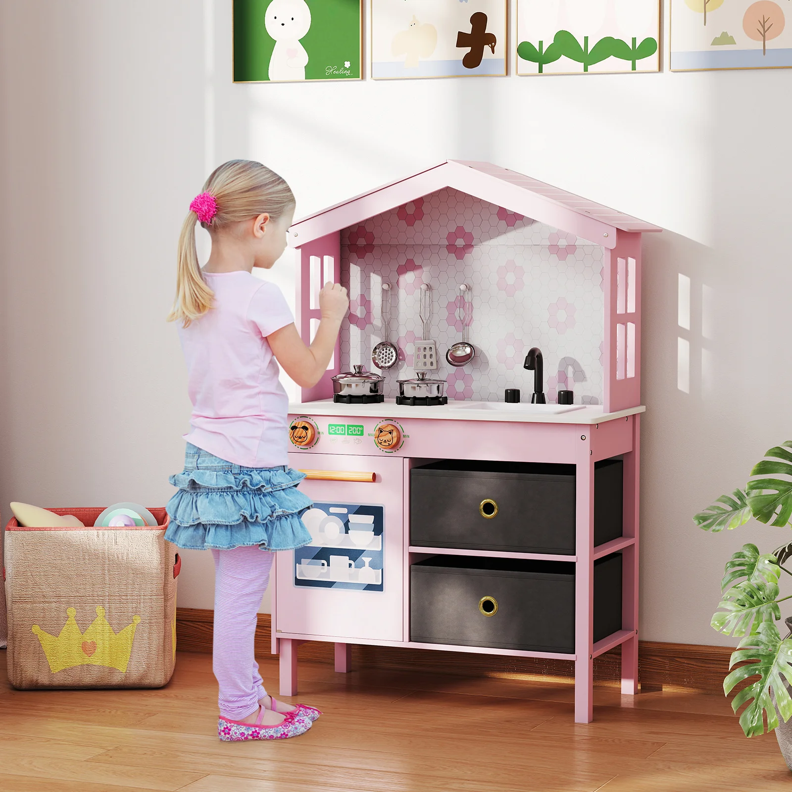 Kids Play Kitchen Children Toy Kitchen Playset with 2 Stoves and Rotation Knobs - Image 2