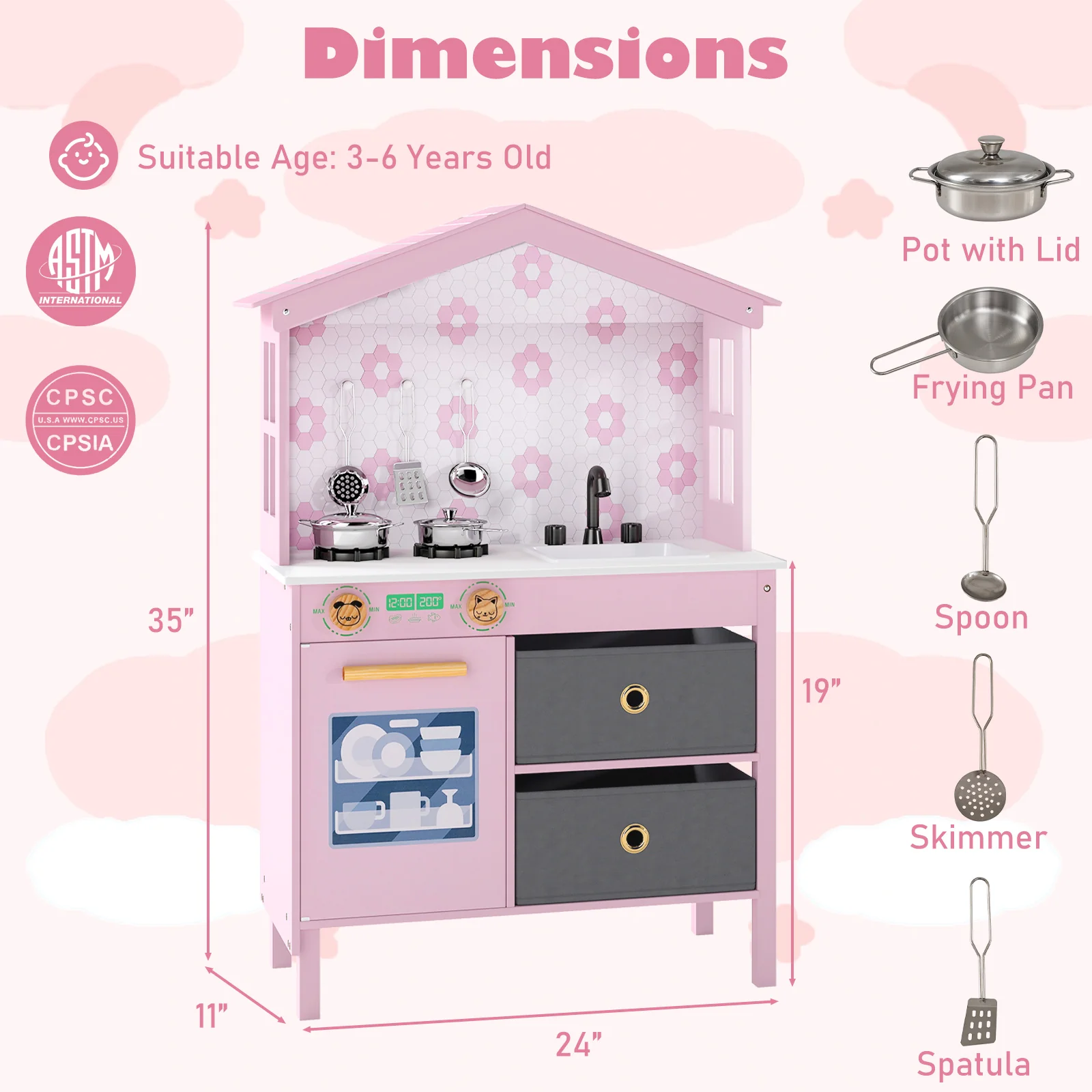 Kids Play Kitchen Children Toy Kitchen Playset with 2 Stoves and Rotation Knobs - Image 5