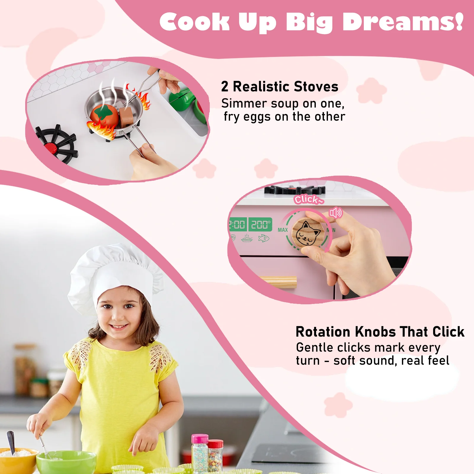 Kids Play Kitchen Children Toy Kitchen Playset with 2 Stoves and Rotation Knobs - Image 6