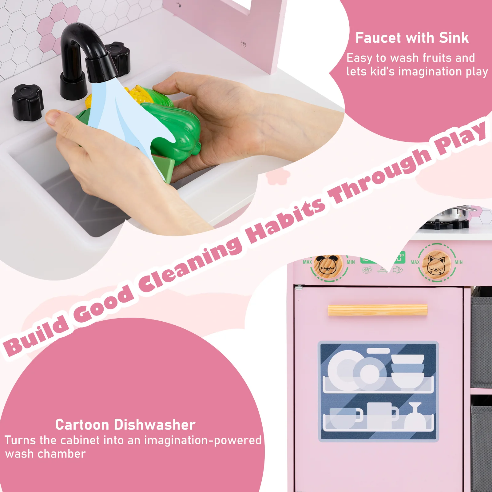 Kids Play Kitchen Children Toy Kitchen Playset with 2 Stoves and Rotation Knobs - Image 7