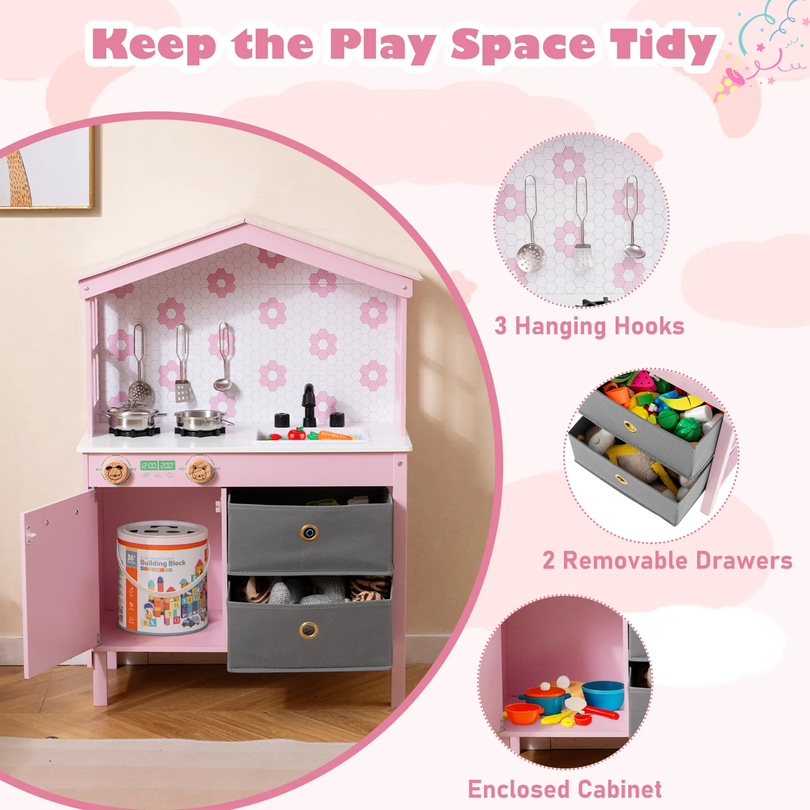 Kids Play Kitchen Children Toy Kitchen Playset with 2 Stoves and Rotation Knobs - Image 8