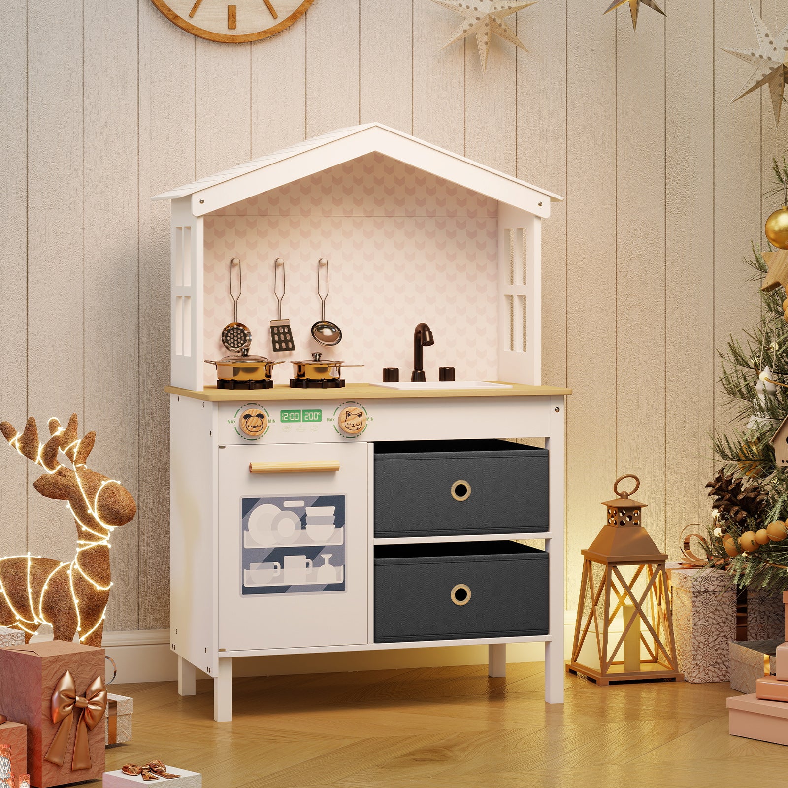 Kids Play Kitchen Children Toy Kitchen Playset with 2 Stoves and Rotation Knobs - Image 9