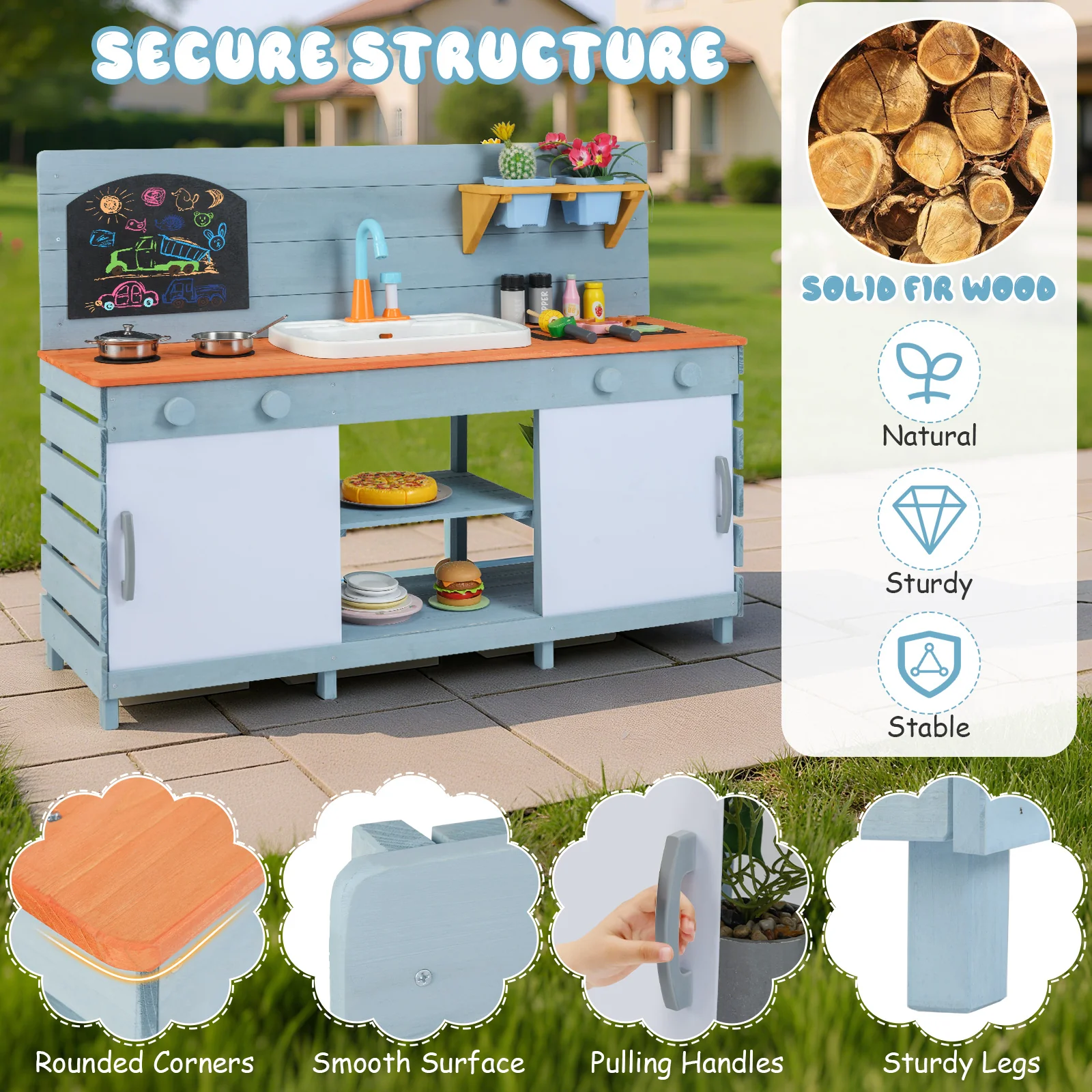 Kids Play Kitchen Set with Stoves for Boys Girls Aged 3-8-Blue - Image 7
