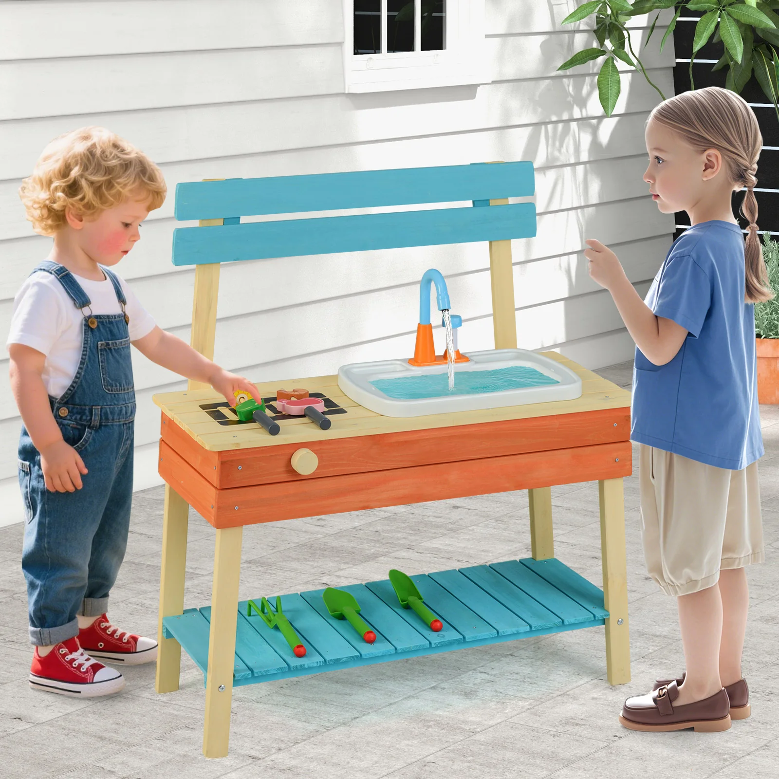 Kids Play Kitchen Set  Wooden Kitchen Playset Chef Pretend Mud Kitchen-Blue - Image 2