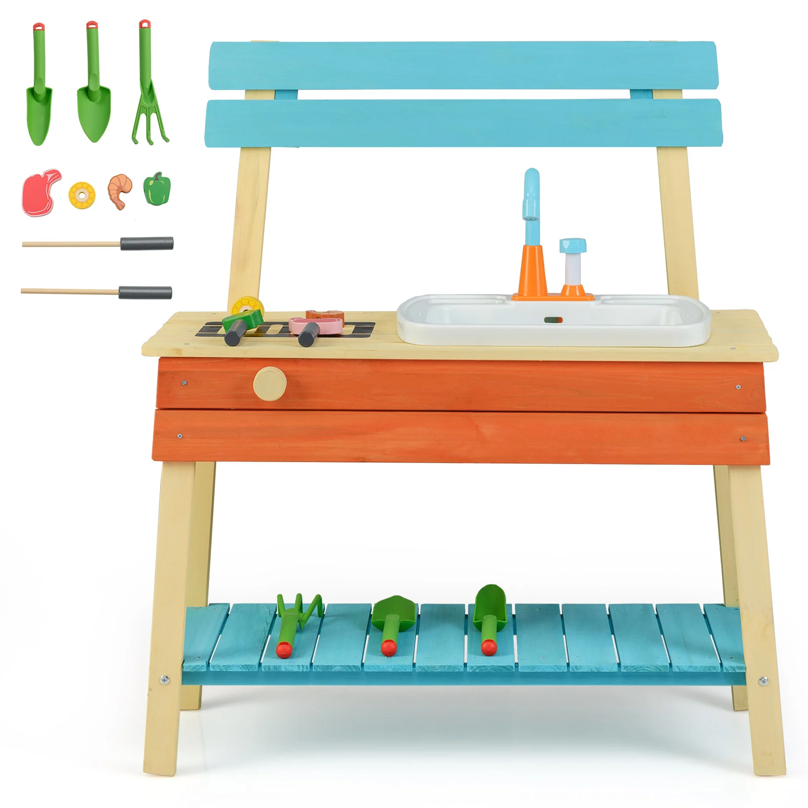 Kids Play Kitchen Set  Wooden Kitchen Playset Chef Pretend Mud Kitchen-Blue - Image 3