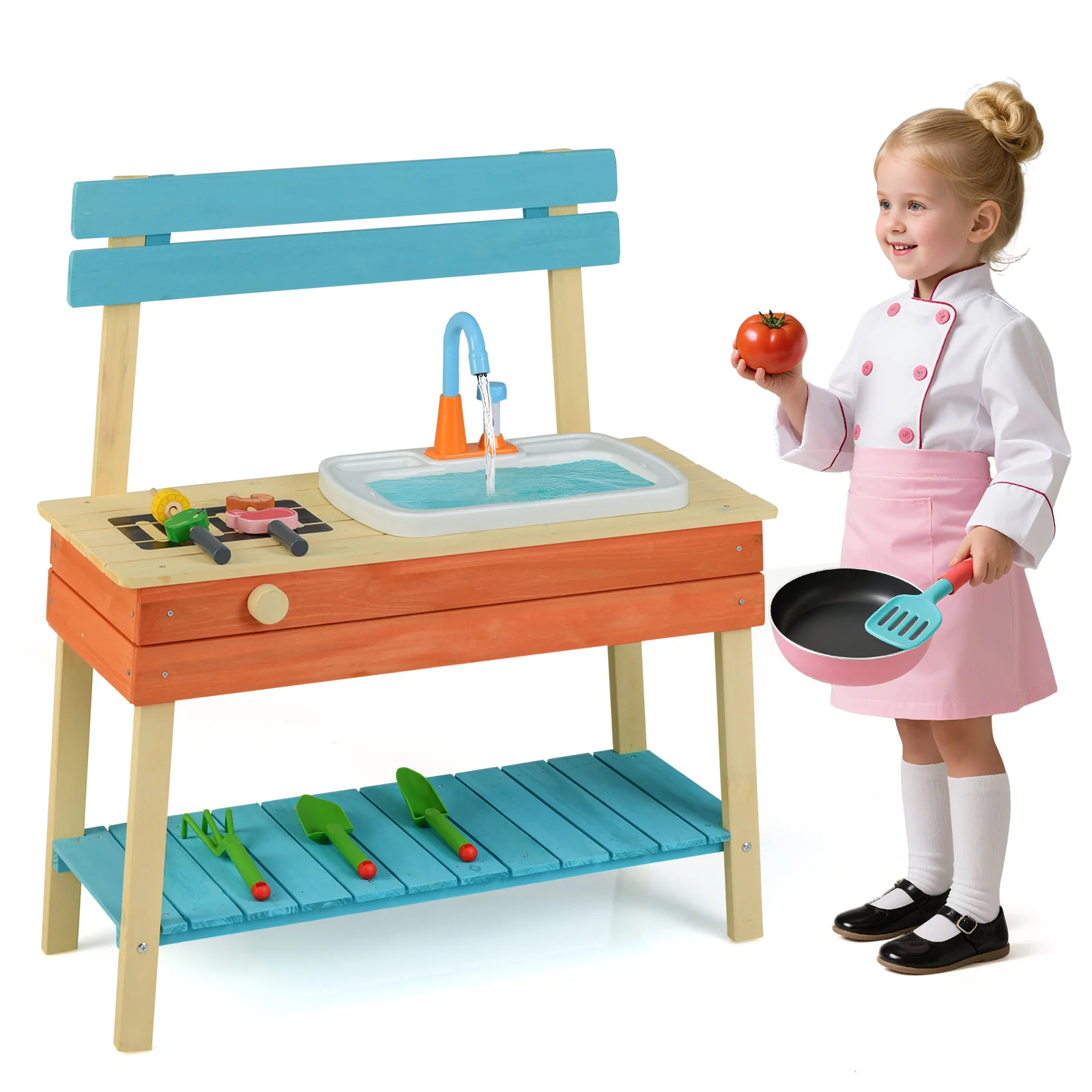 Kids Play Kitchen Set  Wooden Kitchen Playset Chef Pretend Mud Kitchen-Blue - Image 4