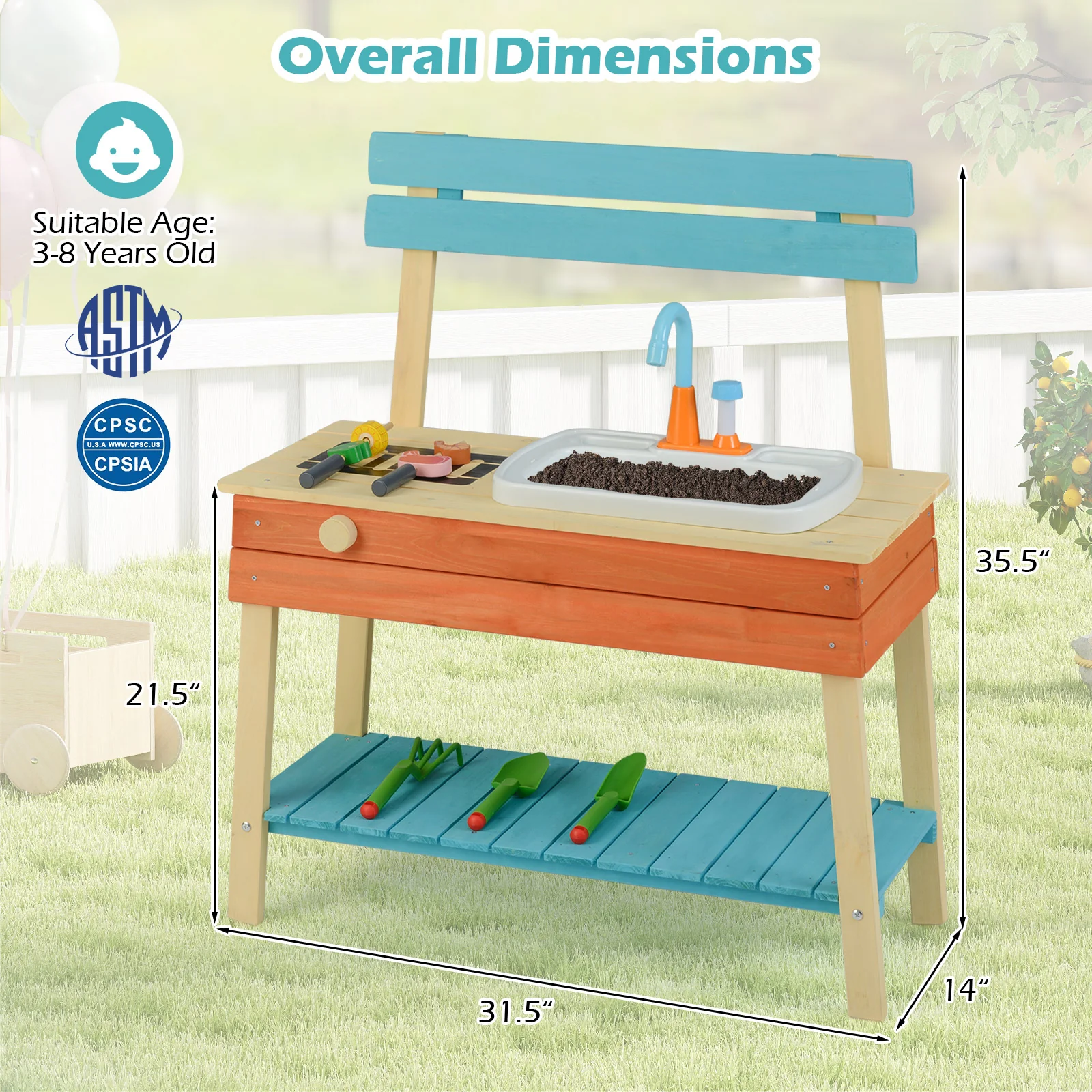 Kids Play Kitchen Set  Wooden Kitchen Playset Chef Pretend Mud Kitchen-Blue - Image 5