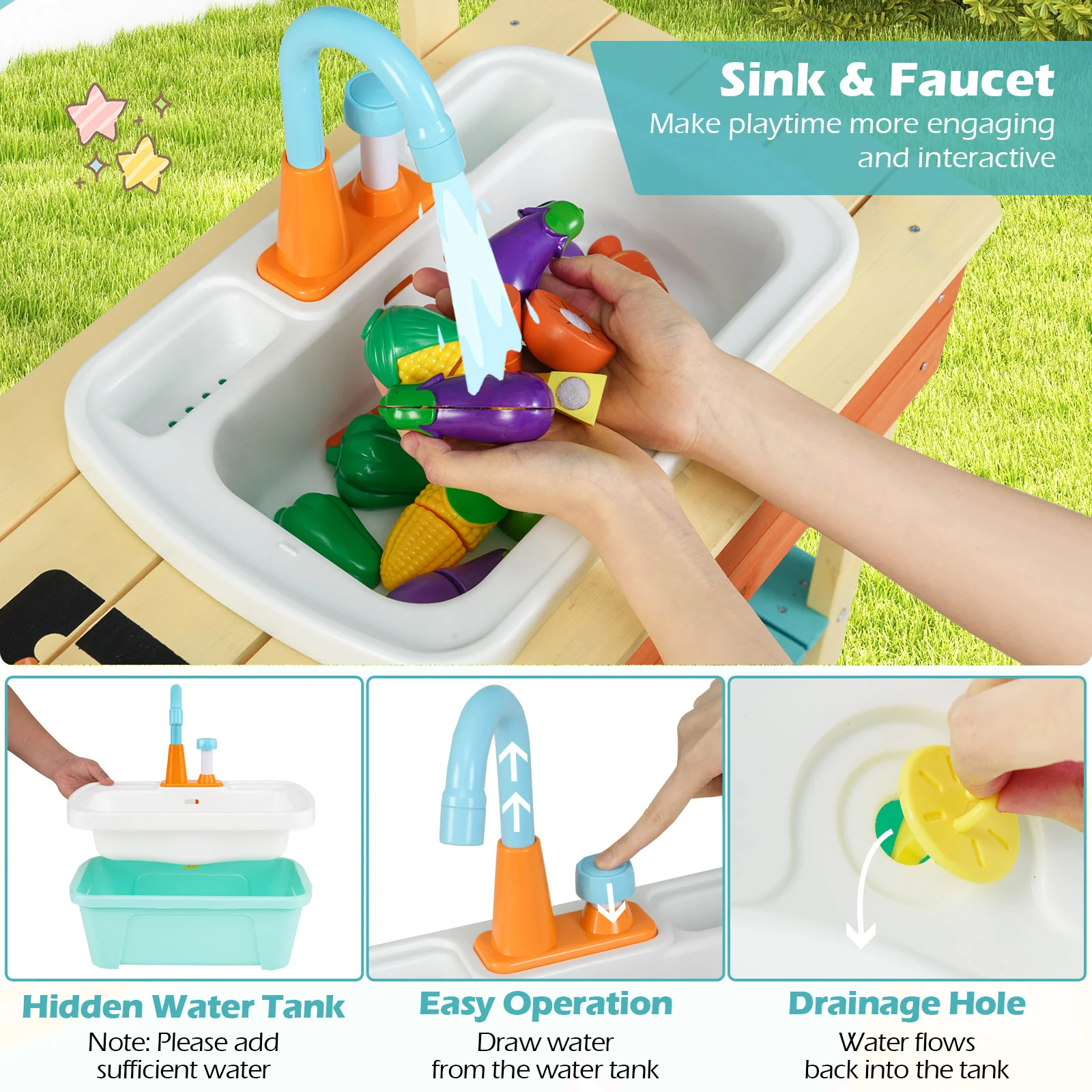 Kids Play Kitchen Set  Wooden Kitchen Playset Chef Pretend Mud Kitchen-Blue - Image 7