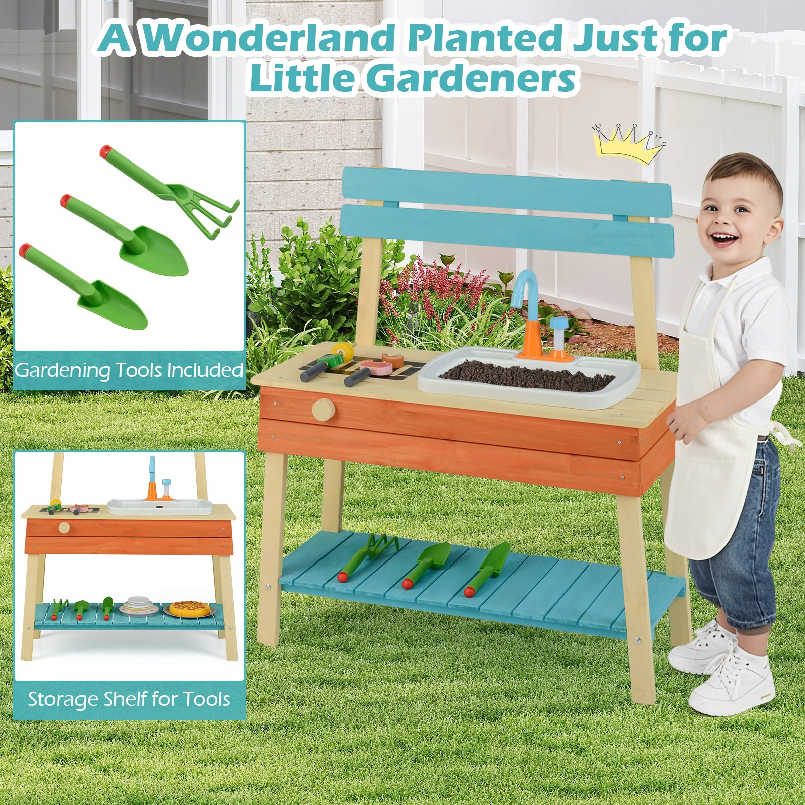 Kids Play Kitchen Set  Wooden Kitchen Playset Chef Pretend Mud Kitchen-Blue - Image 8