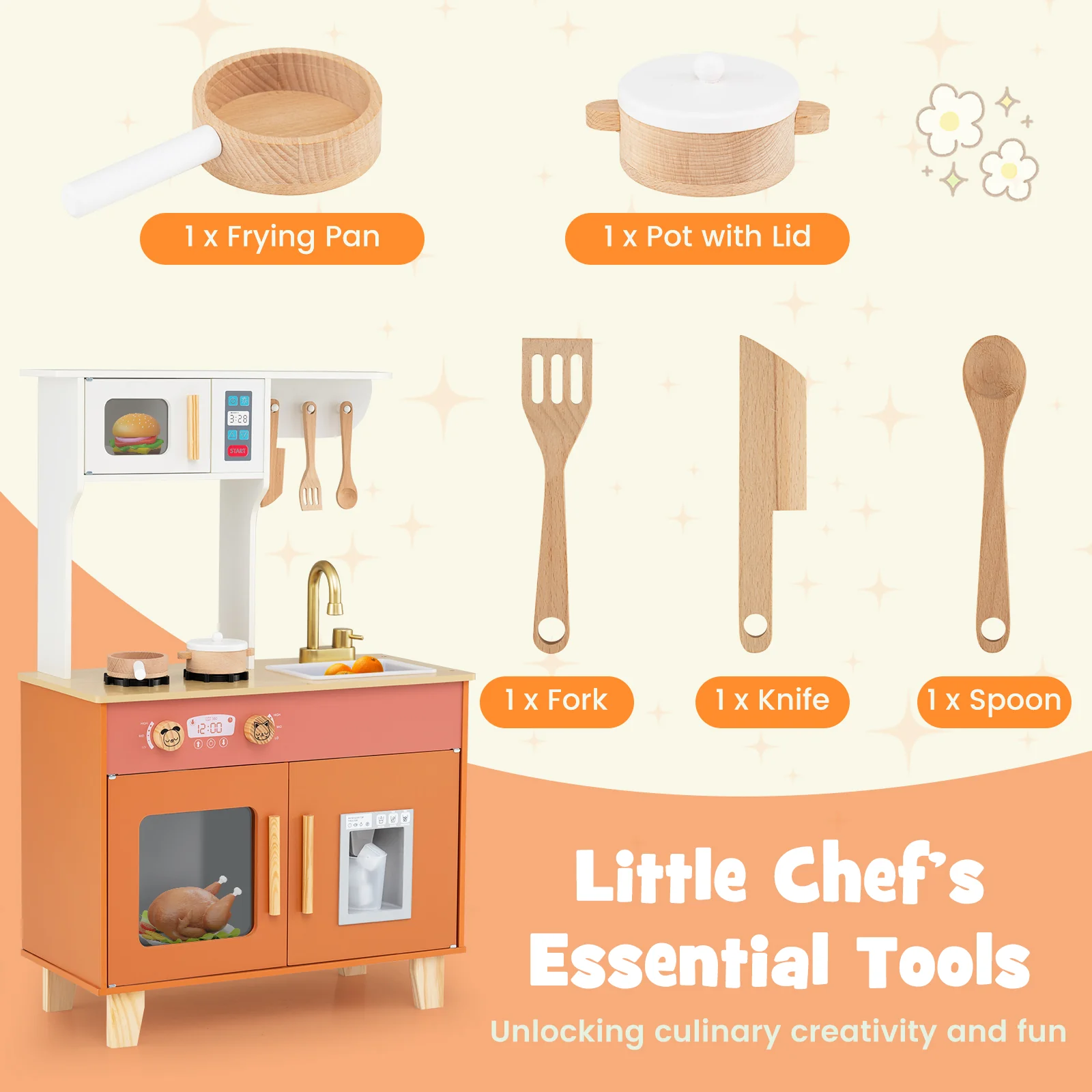 Kids Play Kitchen with Microwave and Rotation Knobs for Girls Boys Aged 3-6 - Image 15