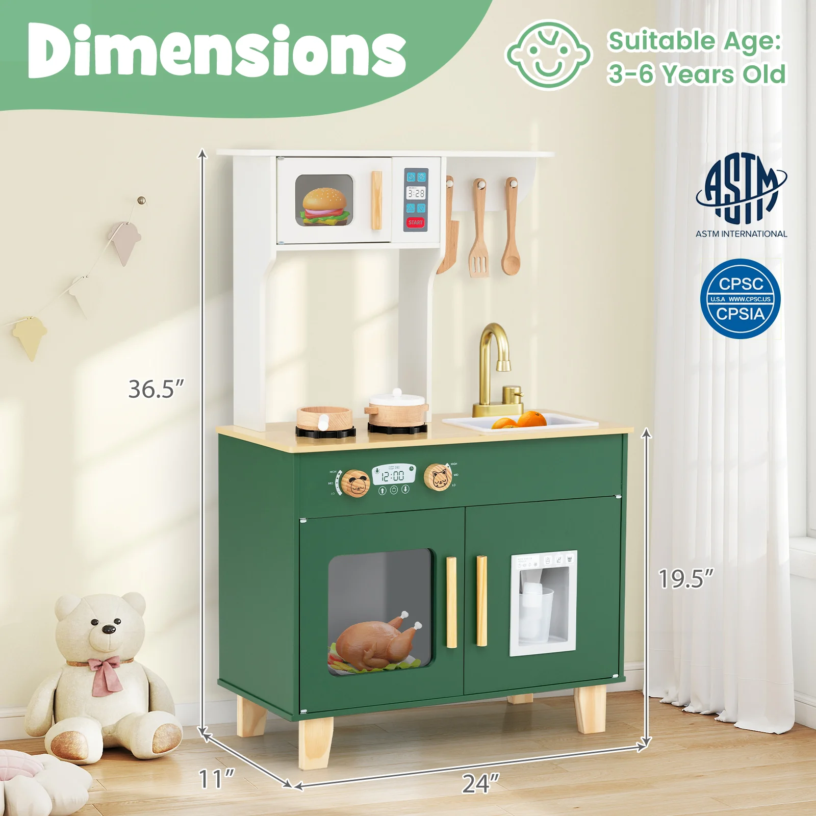 Kids Play Kitchen with Microwave and Rotation Knobs for Girls Boys Aged 3-6 - Image 3